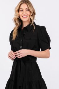 Black Collared Button Top Poplin Tier Midi Dress sold by Pinkblush