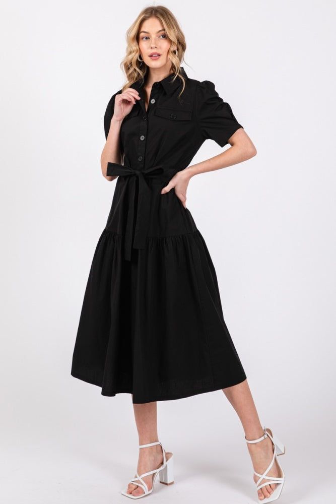Black Collared Button Top Poplin Tier Midi Dress sold by Pinkblush