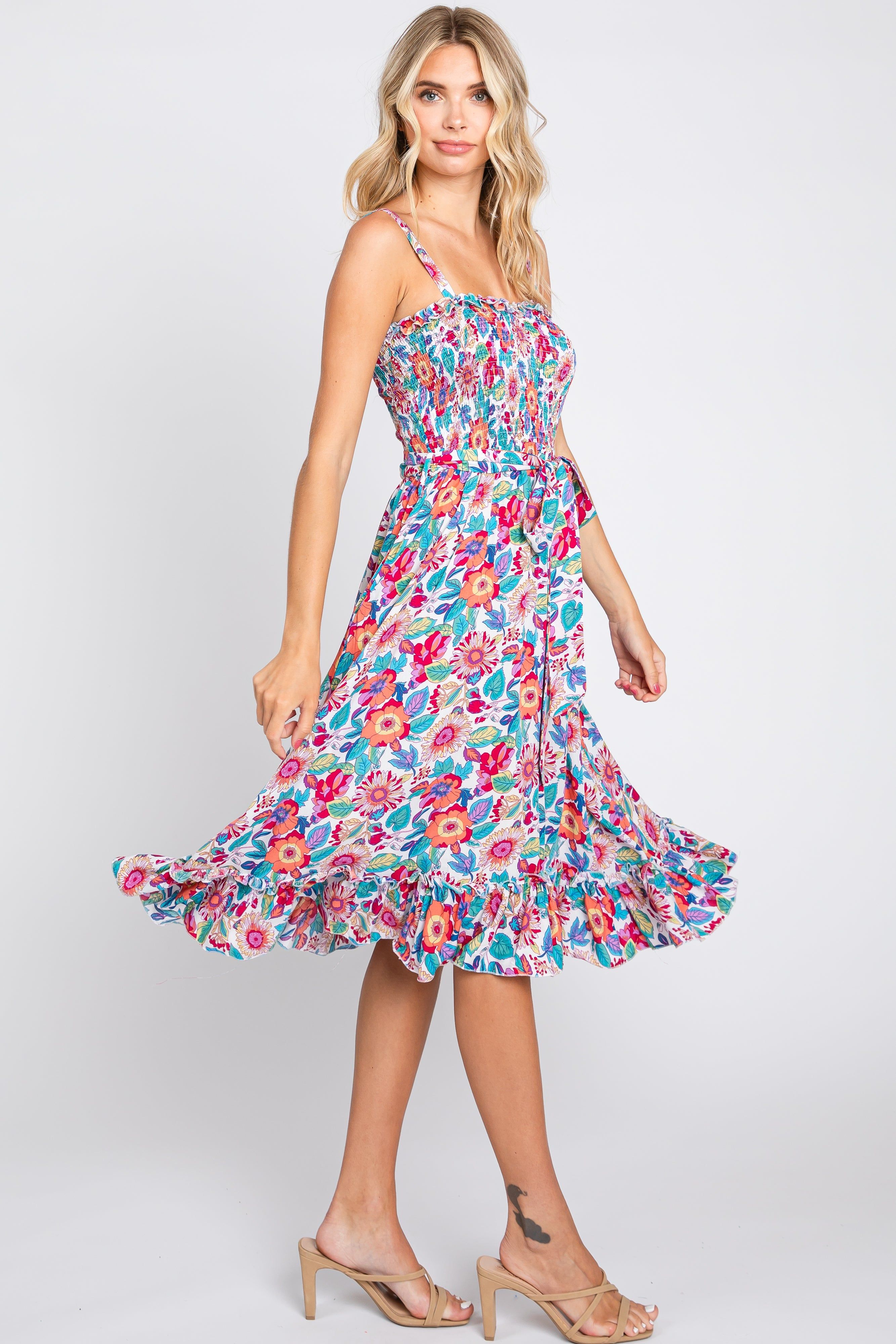 White Floral Smocked Tie Waist Sleeveless Dress sold by Pinkblush product image thumbnail 2