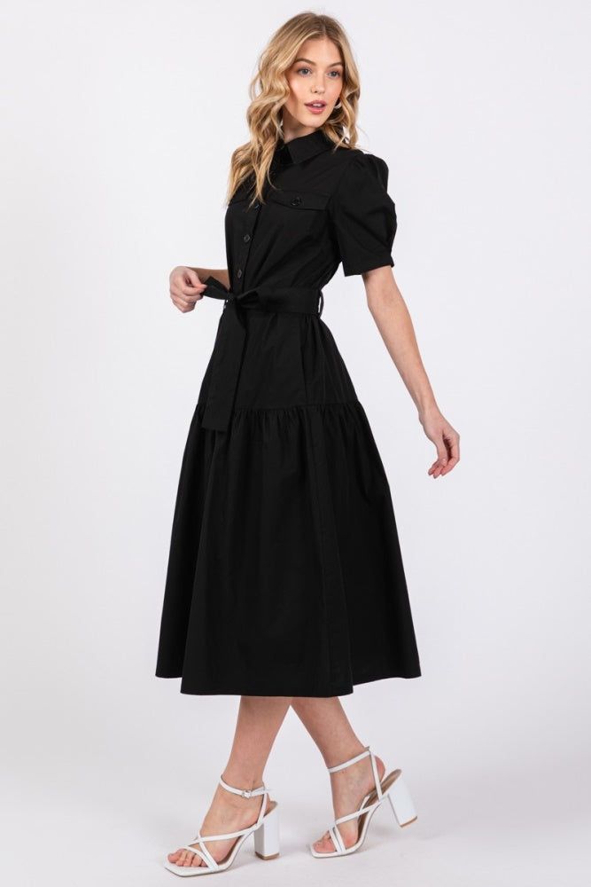 Black Collared Button Top Poplin Tier Midi Dress sold by Pinkblush product image thumbnail 2