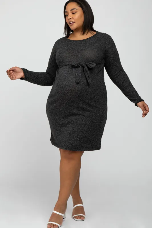 Black Brushed Heathered Long Sleeve Maternity Plus Dress sold by Pinkblush
