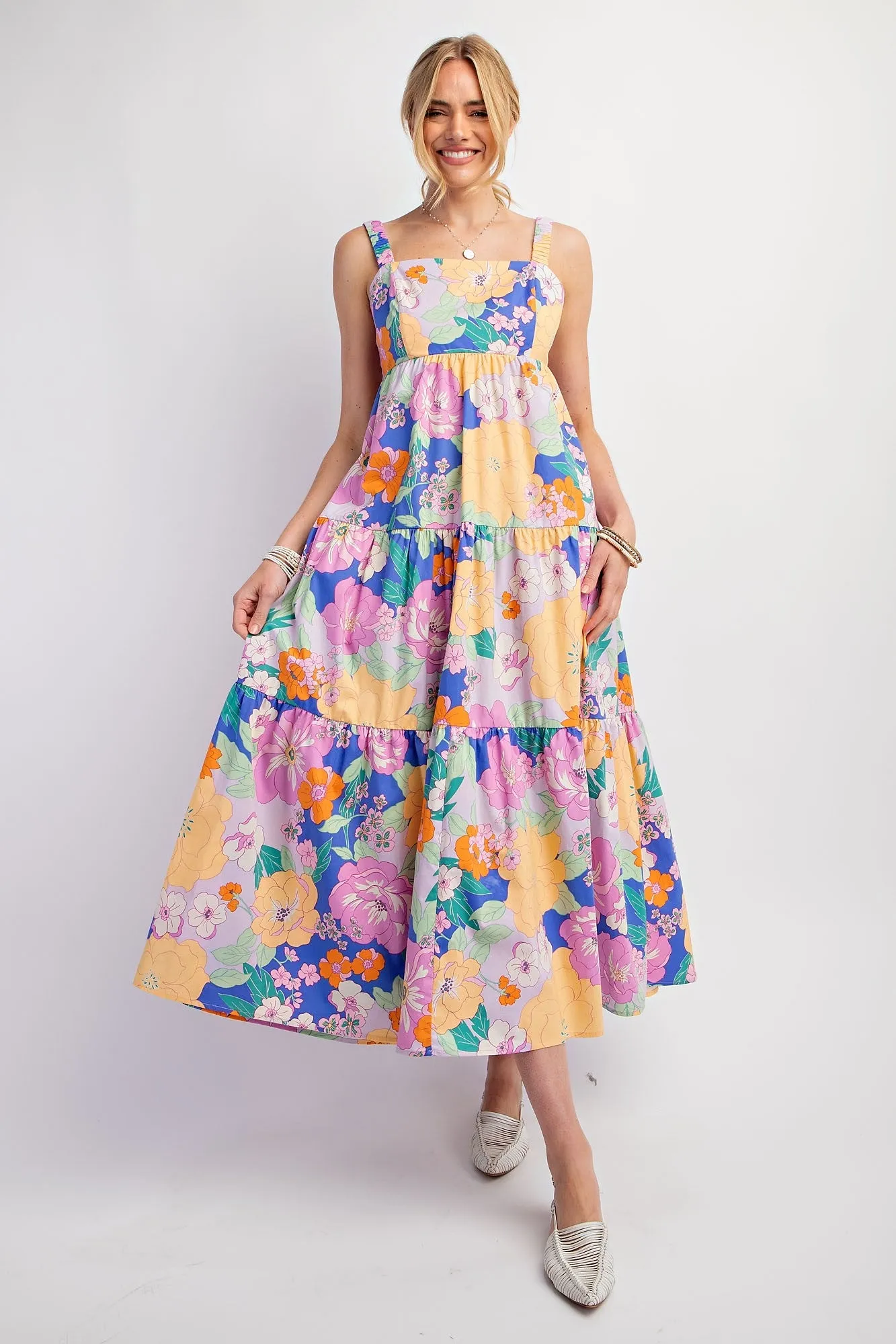 Royal Blue Multi-Color Floral Tiered Cutout Back Dress sold by Pinkblush