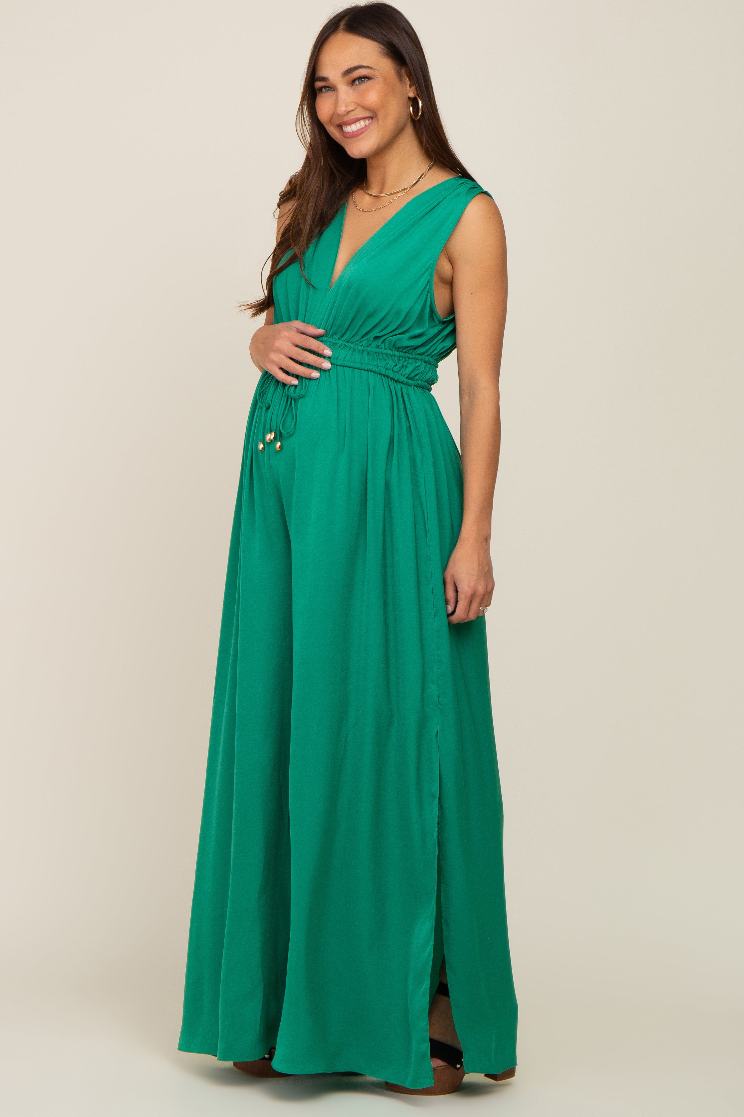 Green Satin V-Neck Side Slit Maternity Jumpsuit sold by Pinkblush product image thumbnail 2