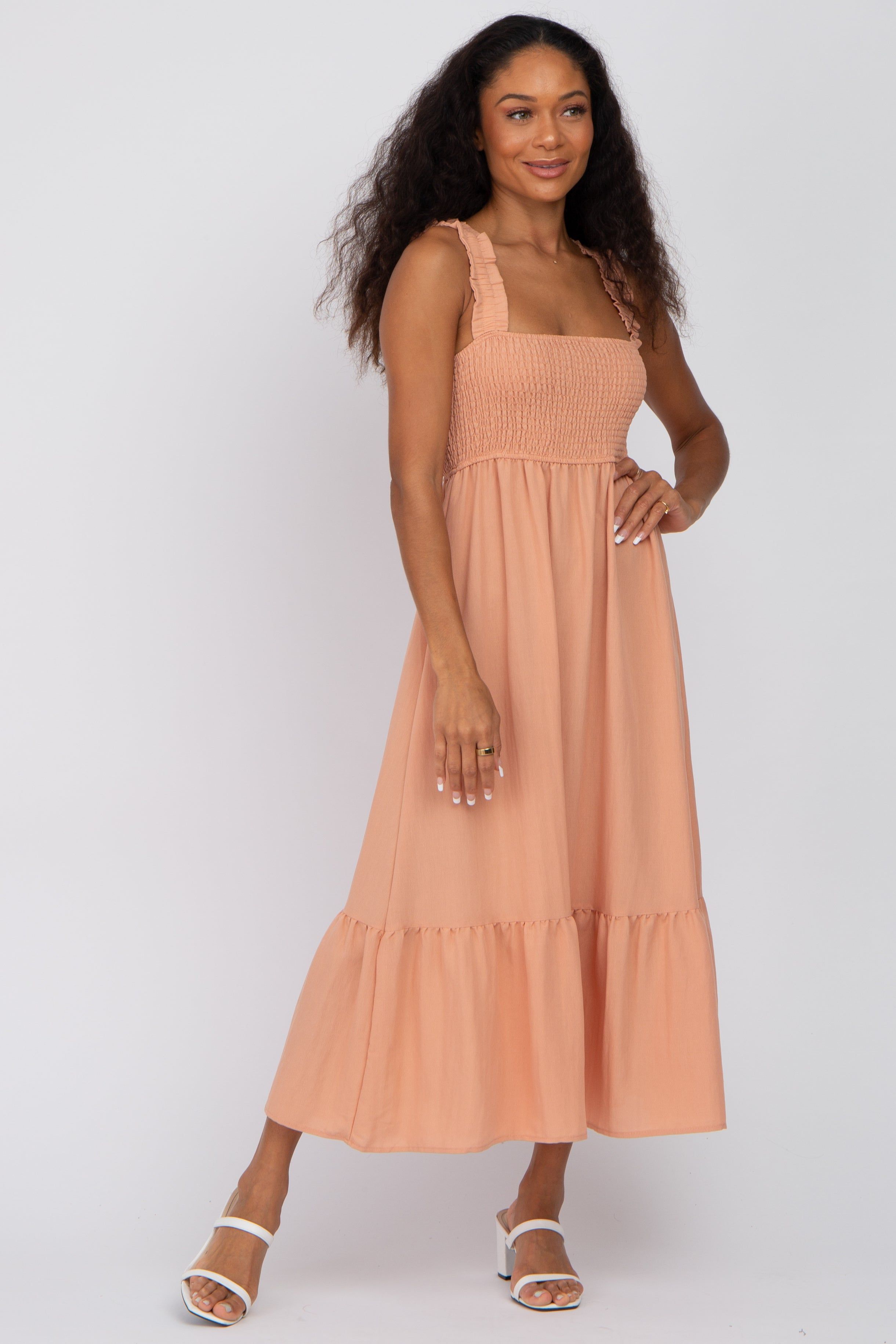 Peach Smocked Midi Dress sold by Pinkblush