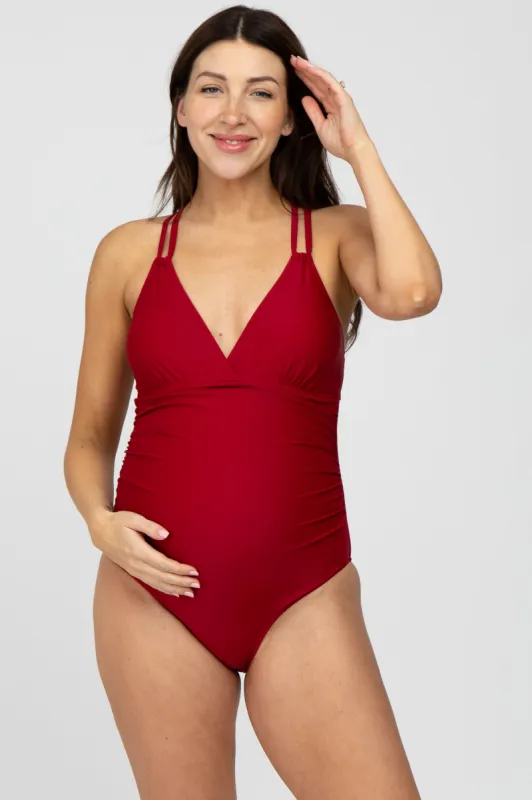 Red Ruched Side Strappy Cross Back Maternity One Piece Swimsuit sold by Pinkblush