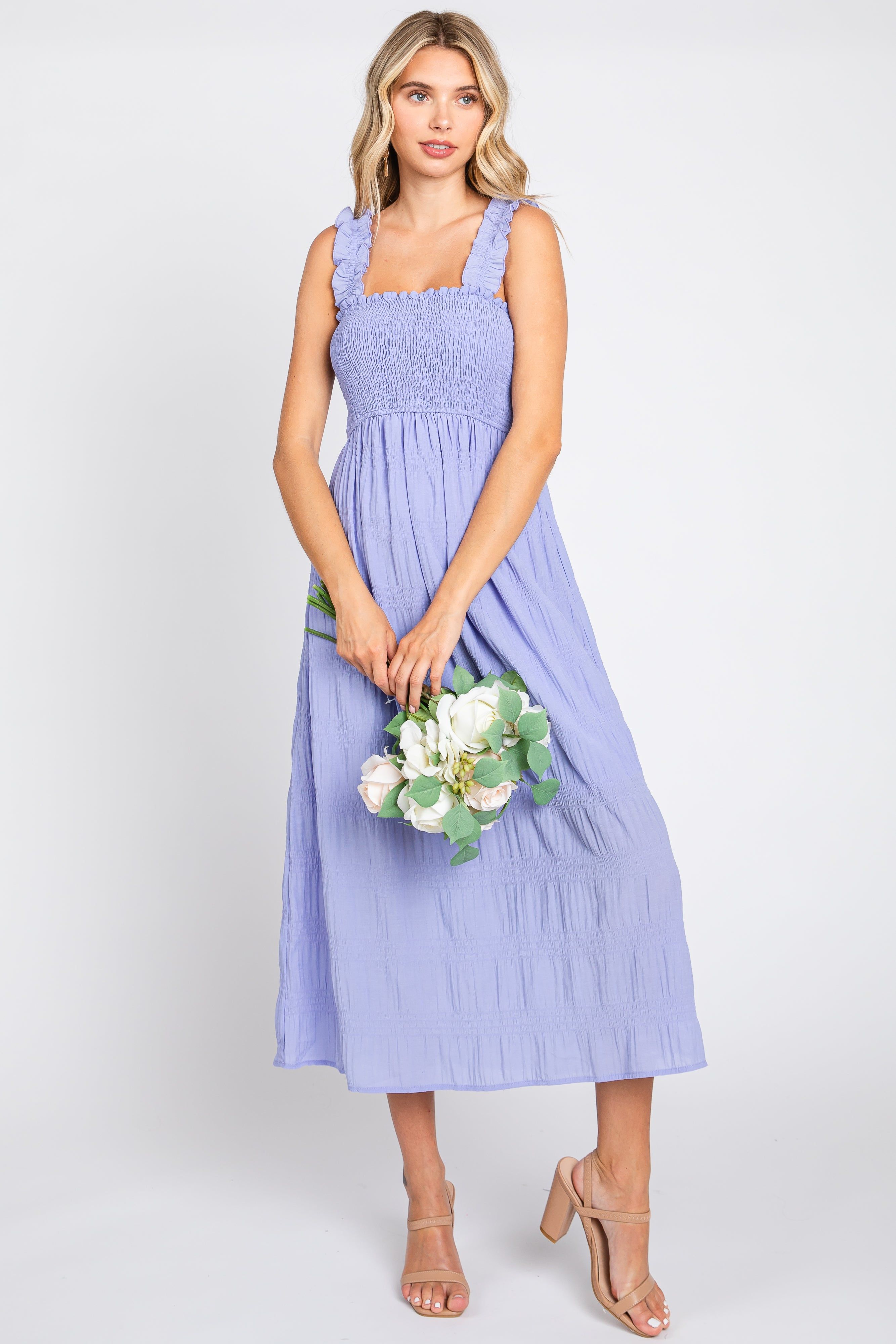 Lavender Smocked Square Neck Midi Dress sold by Pinkblush product image thumbnail 4