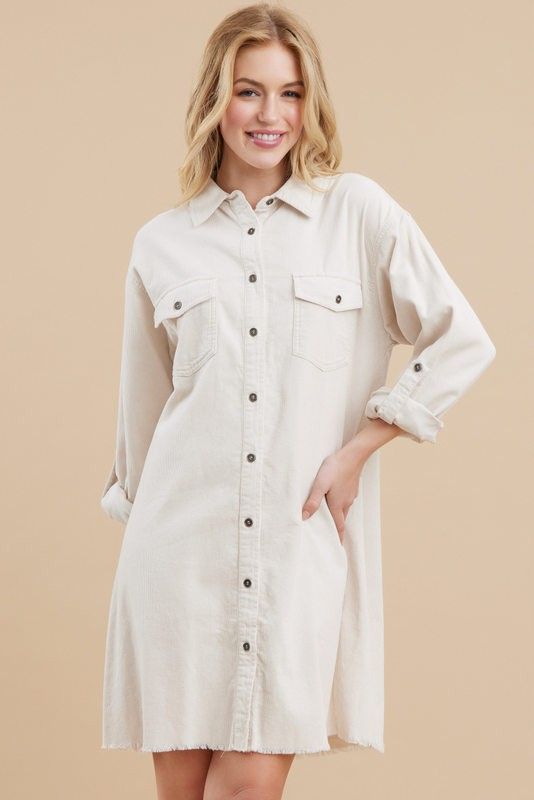 Cream Corduroy Button Front Fringe Hem Dress sold by Pinkblush