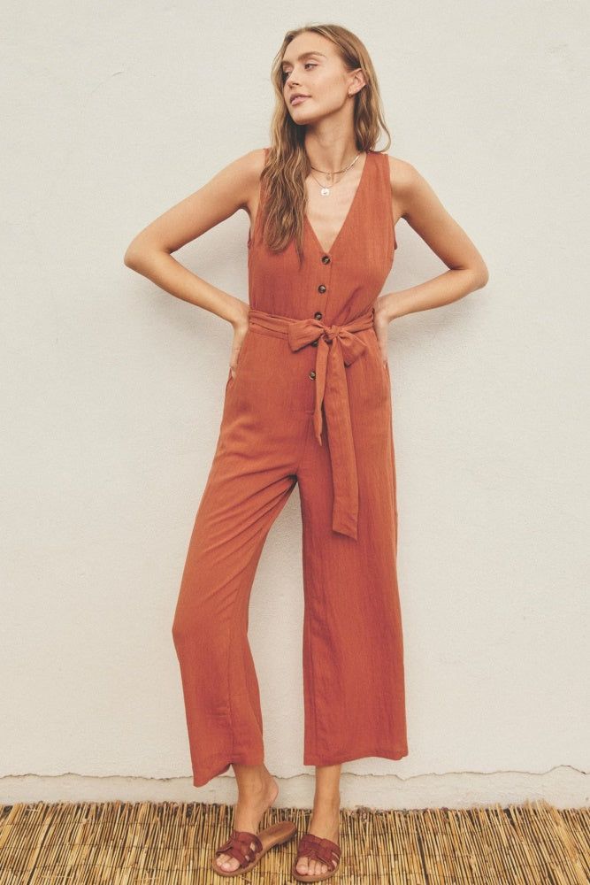 Terra Cotta Button Down Sash Belt Jumpsuit sold by Pinkblush