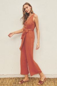 Terra Cotta Button Down Sash Belt Jumpsuit sold by Pinkblush