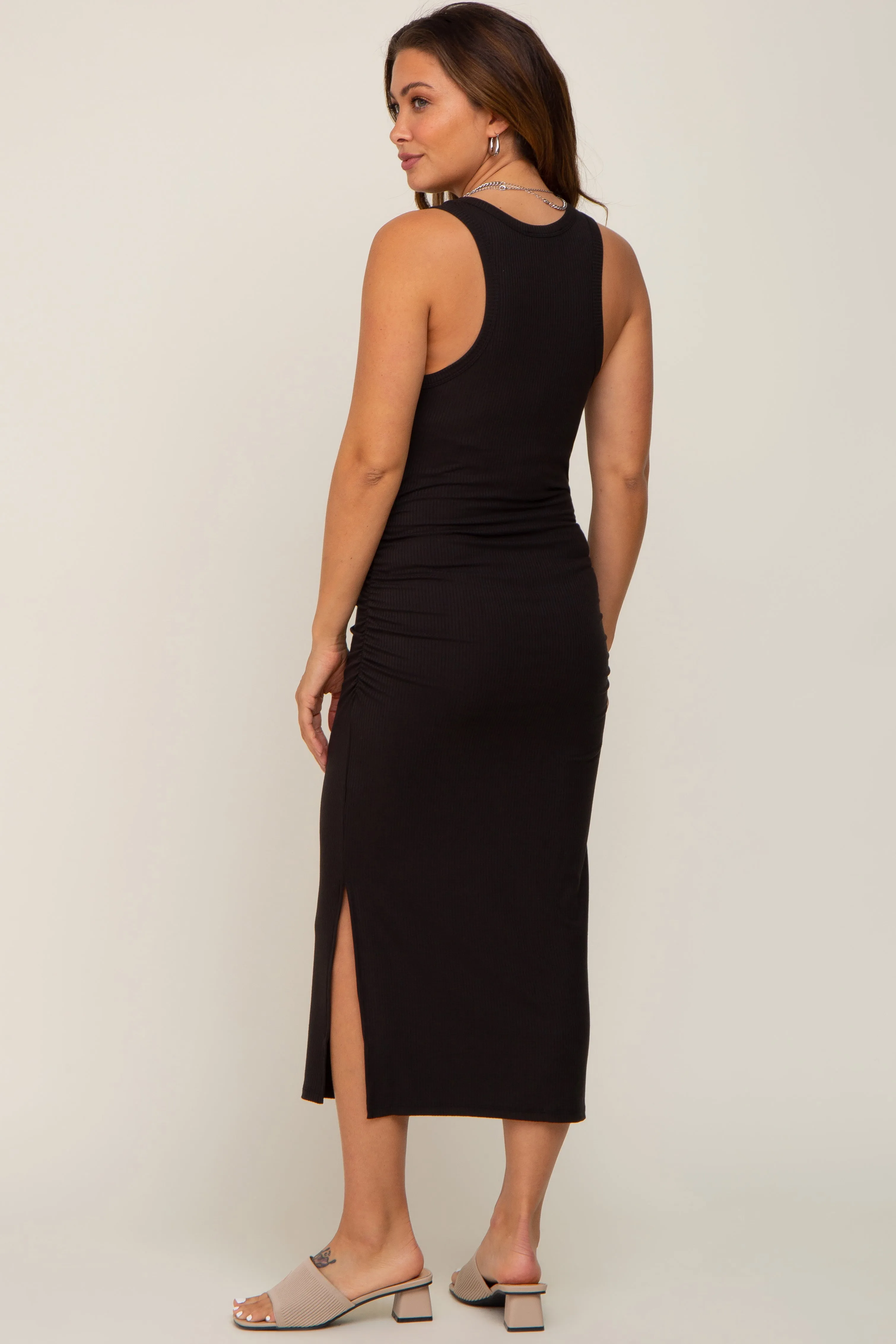 Black Ribbed Sleeveless Ruched Side Slit Maternity Midi Dress sold by Pinkblush product image thumbnail 3