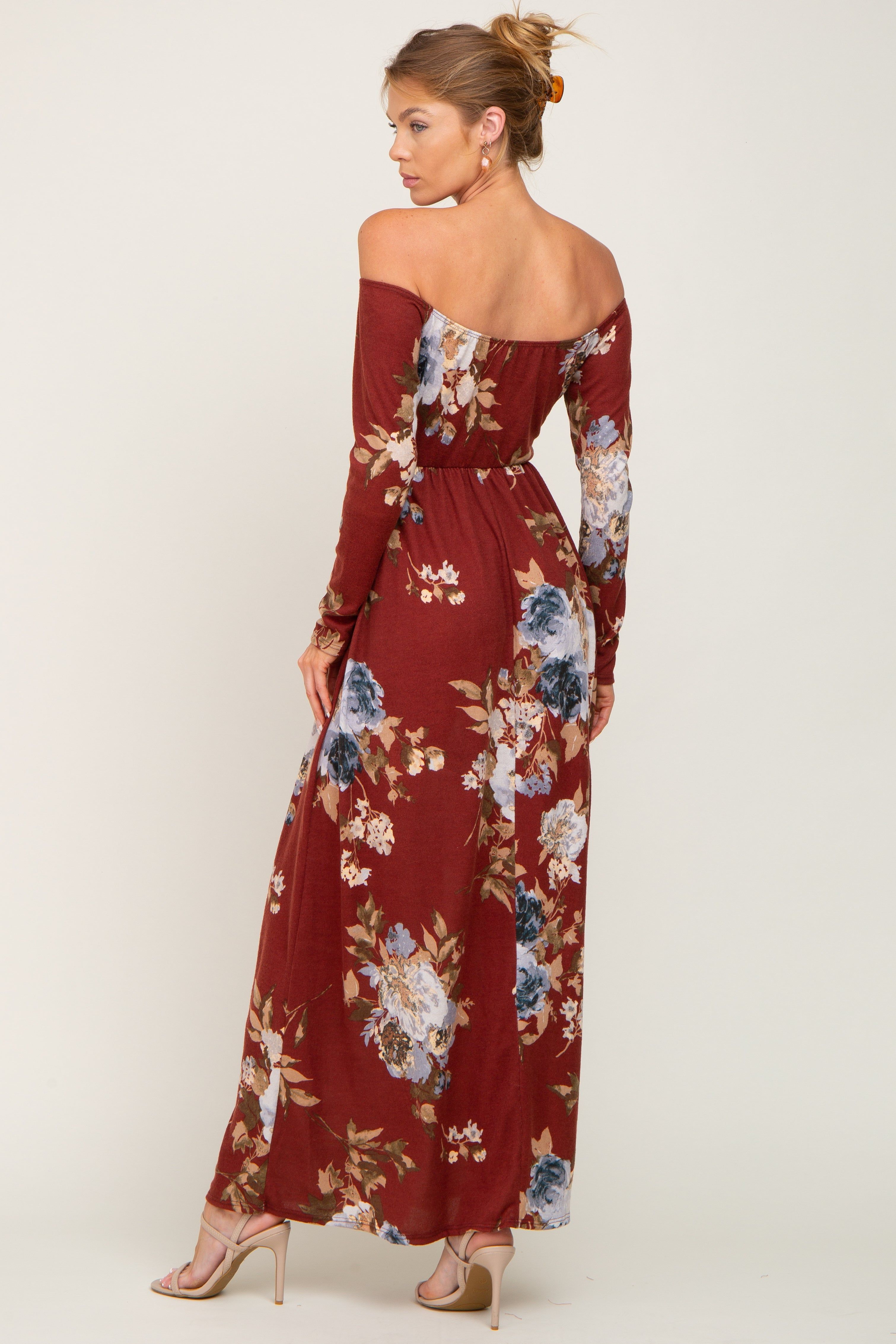 Burgundy Floral Off Shoulder Long Sleeve Maxi Dress sold by Pinkblush product image thumbnail 3