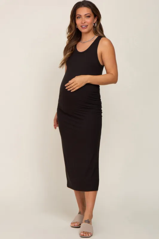 Black Ribbed Sleeveless Ruched Side Slit Maternity Midi Dress sold by Pinkblush