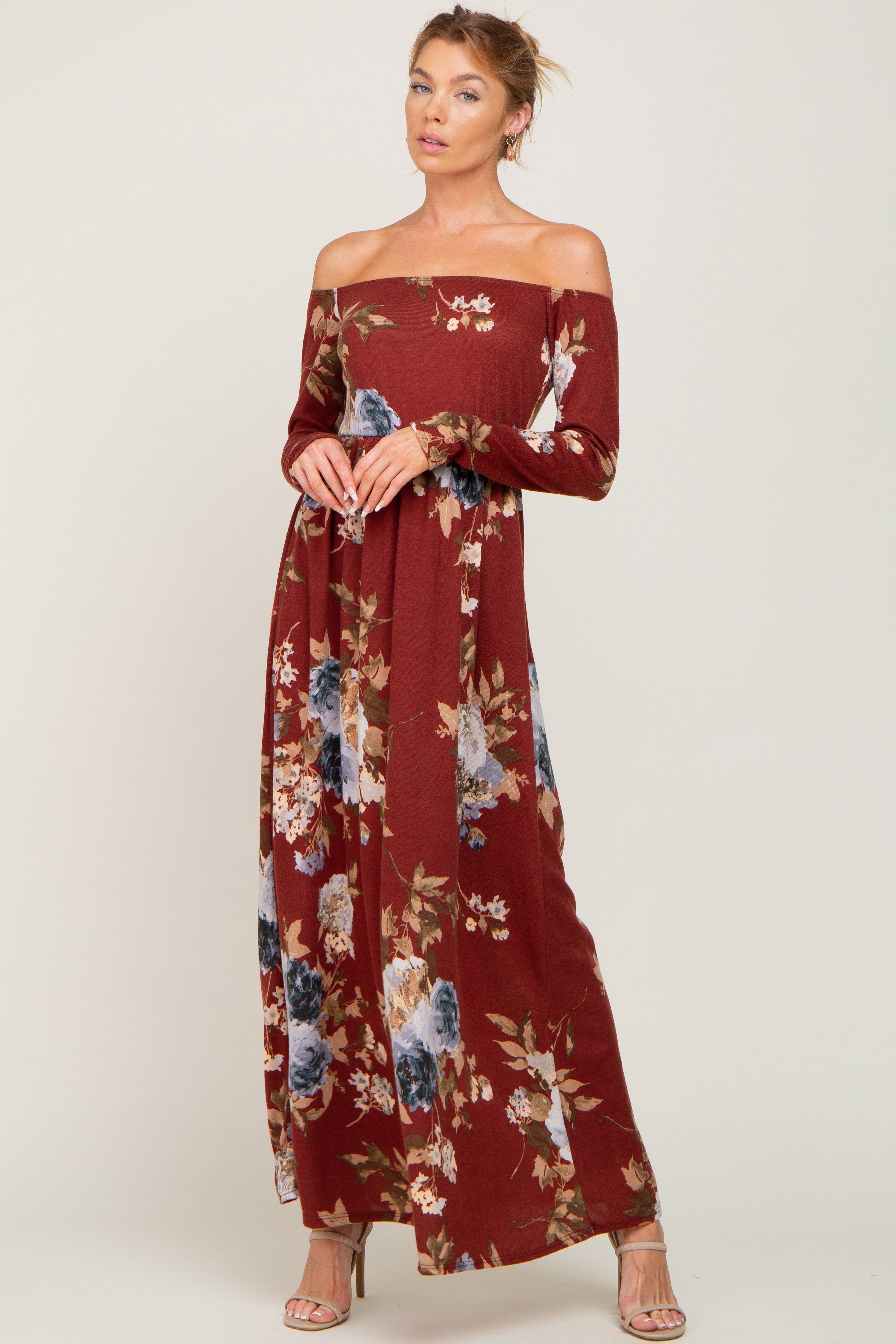 Burgundy Floral Off Shoulder Long Sleeve Maxi Dress sold by Pinkblush product image thumbnail 4