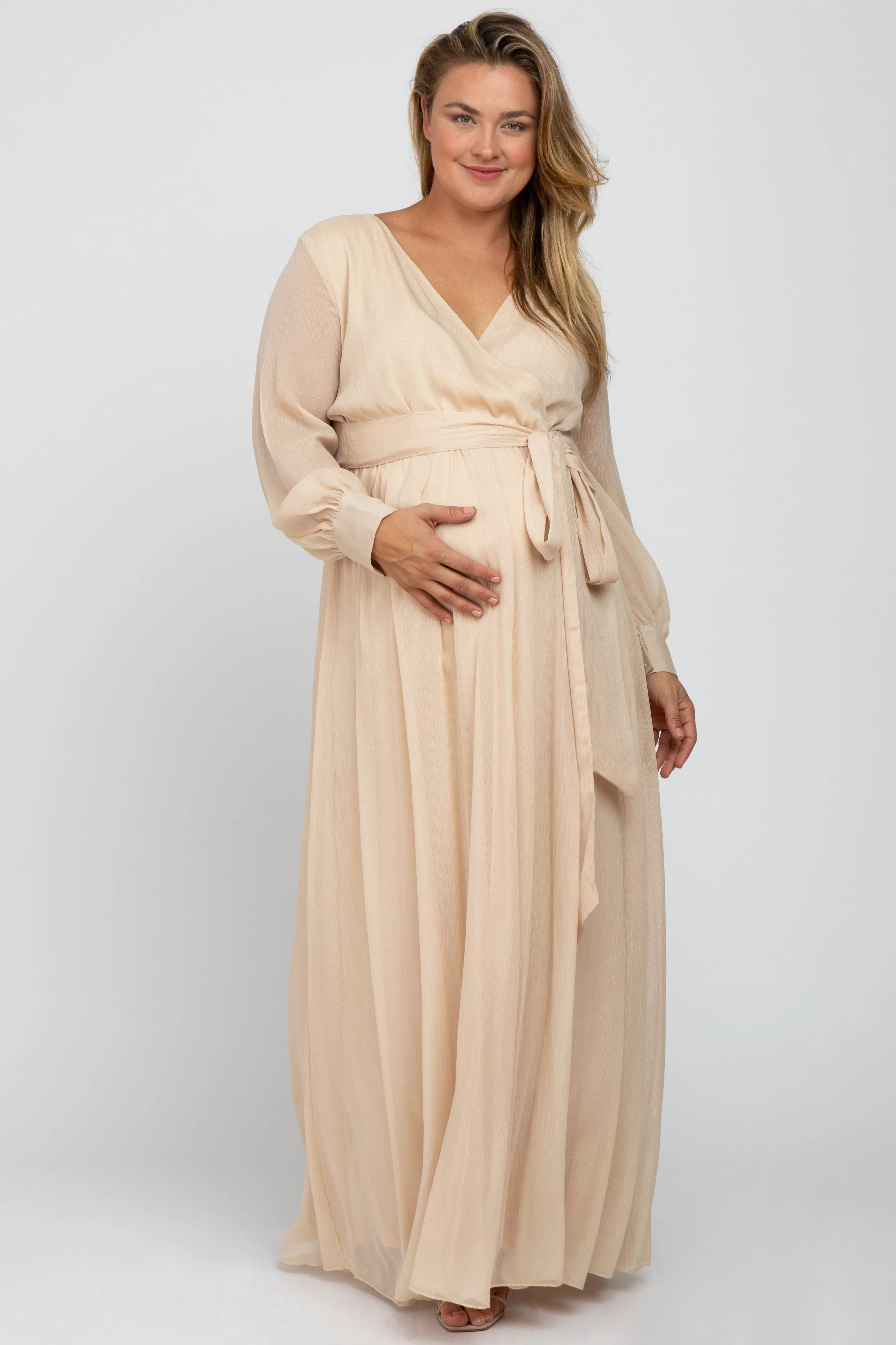 Cream Metallic Chiffon Maternity Plus Maxi Dress sold by Pinkblush