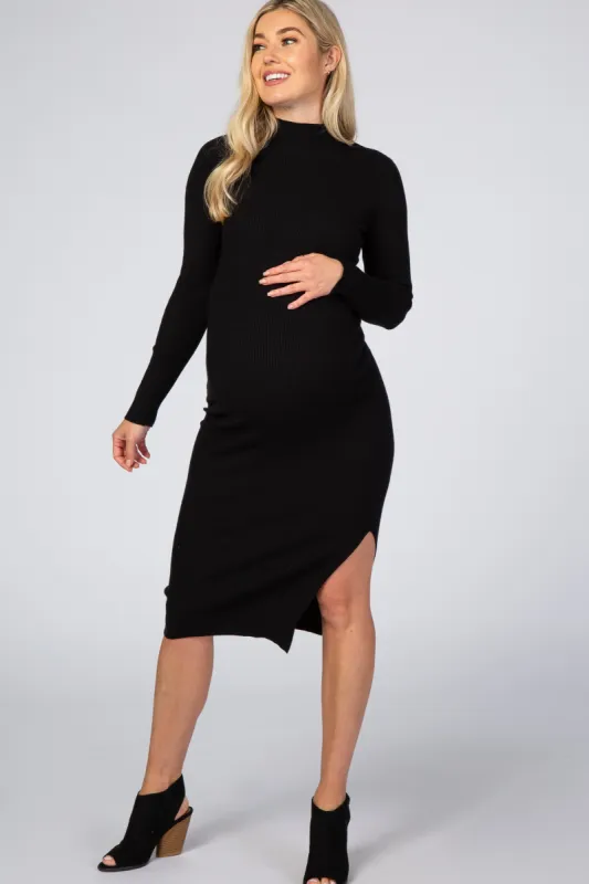 Black Ribbed Fitted Mock Neck Long Sleeve Maternity Midi Dress sold by Pinkblush