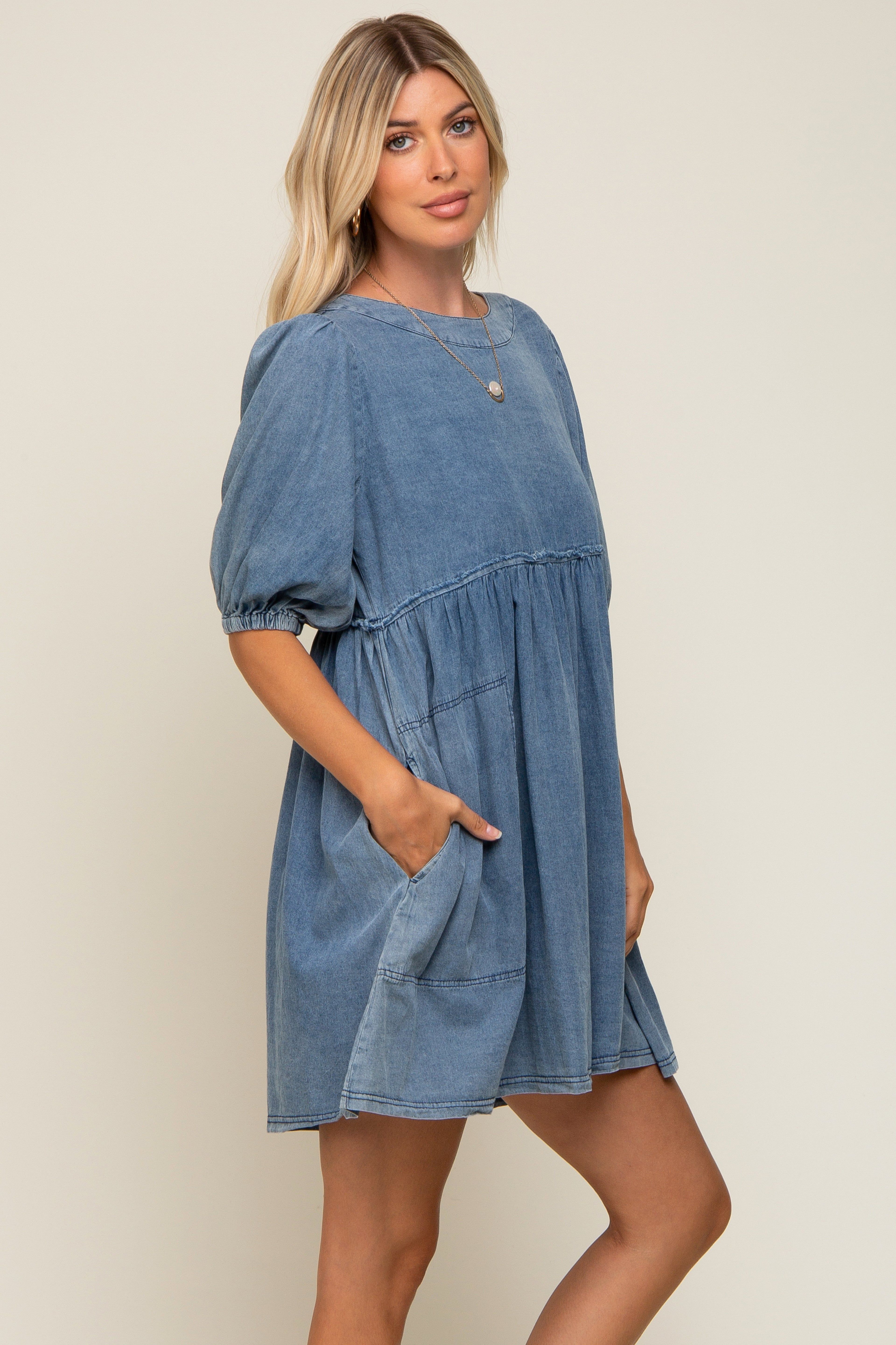 Blue Faded Denim Chambray Mini Dress sold by Pinkblush product image thumbnail 2