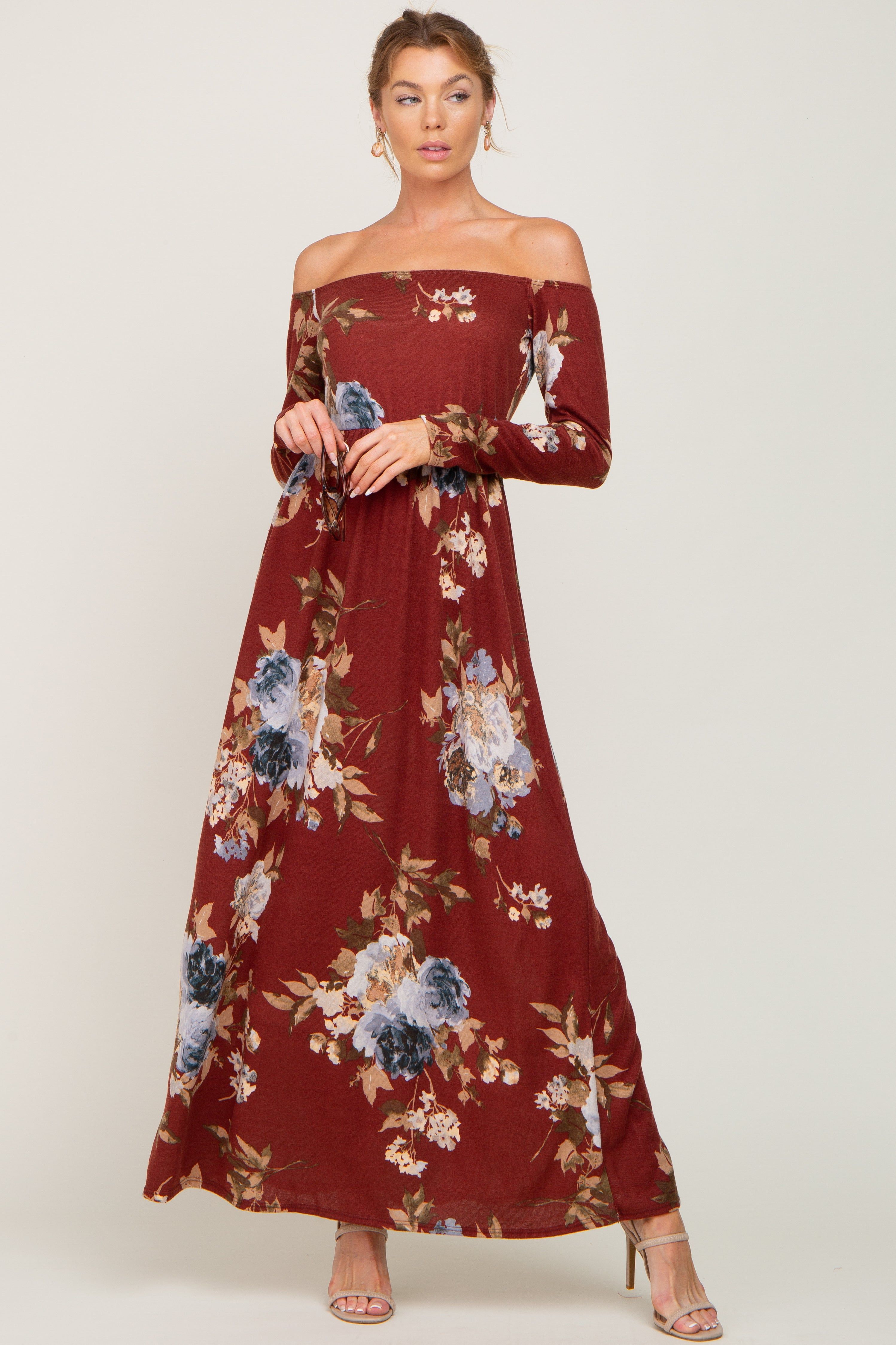 Burgundy Floral Off Shoulder Long Sleeve Maxi Dress sold by Pinkblush product image thumbnail 5