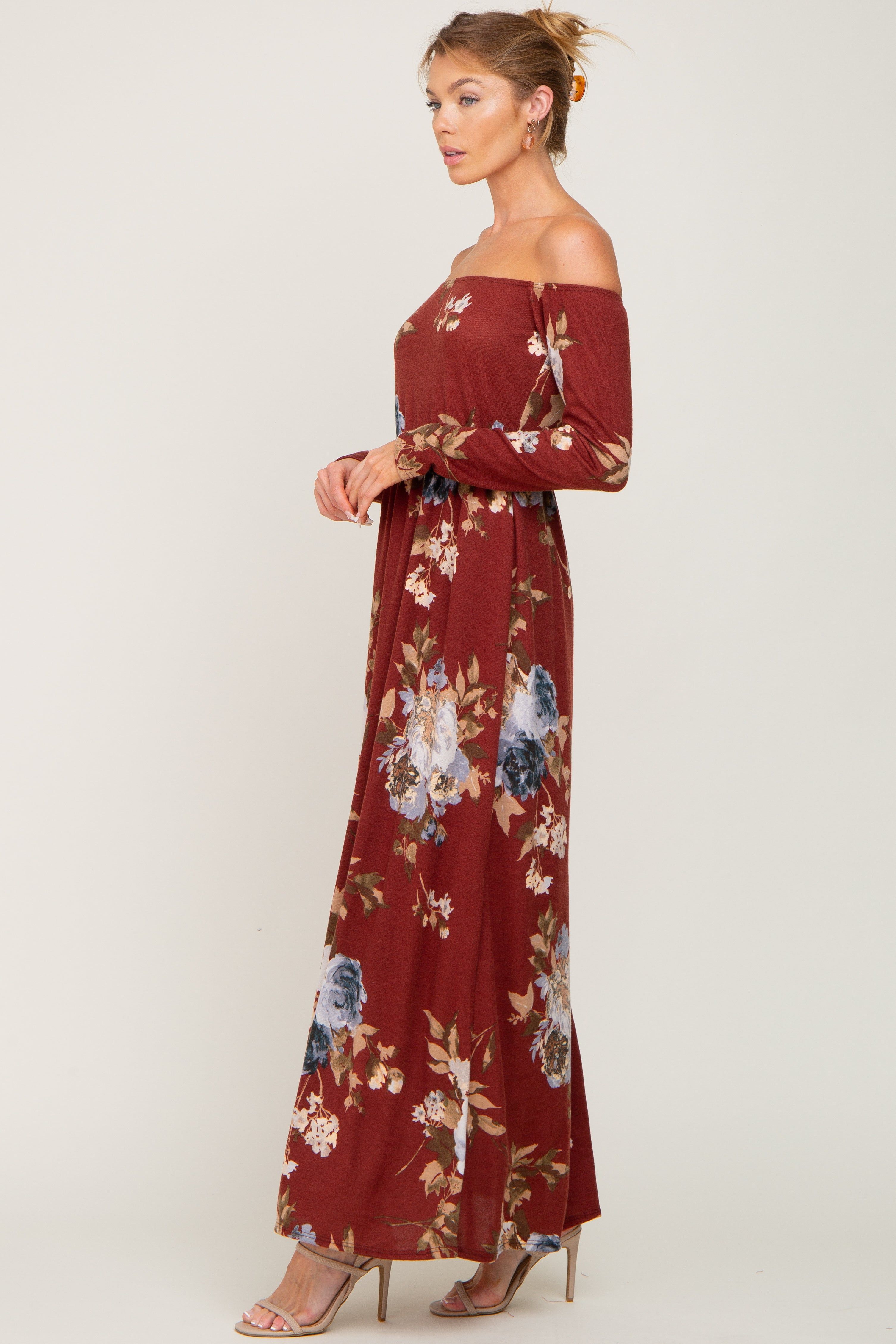 Burgundy Floral Off Shoulder Long Sleeve Maxi Dress sold by Pinkblush product image thumbnail 2