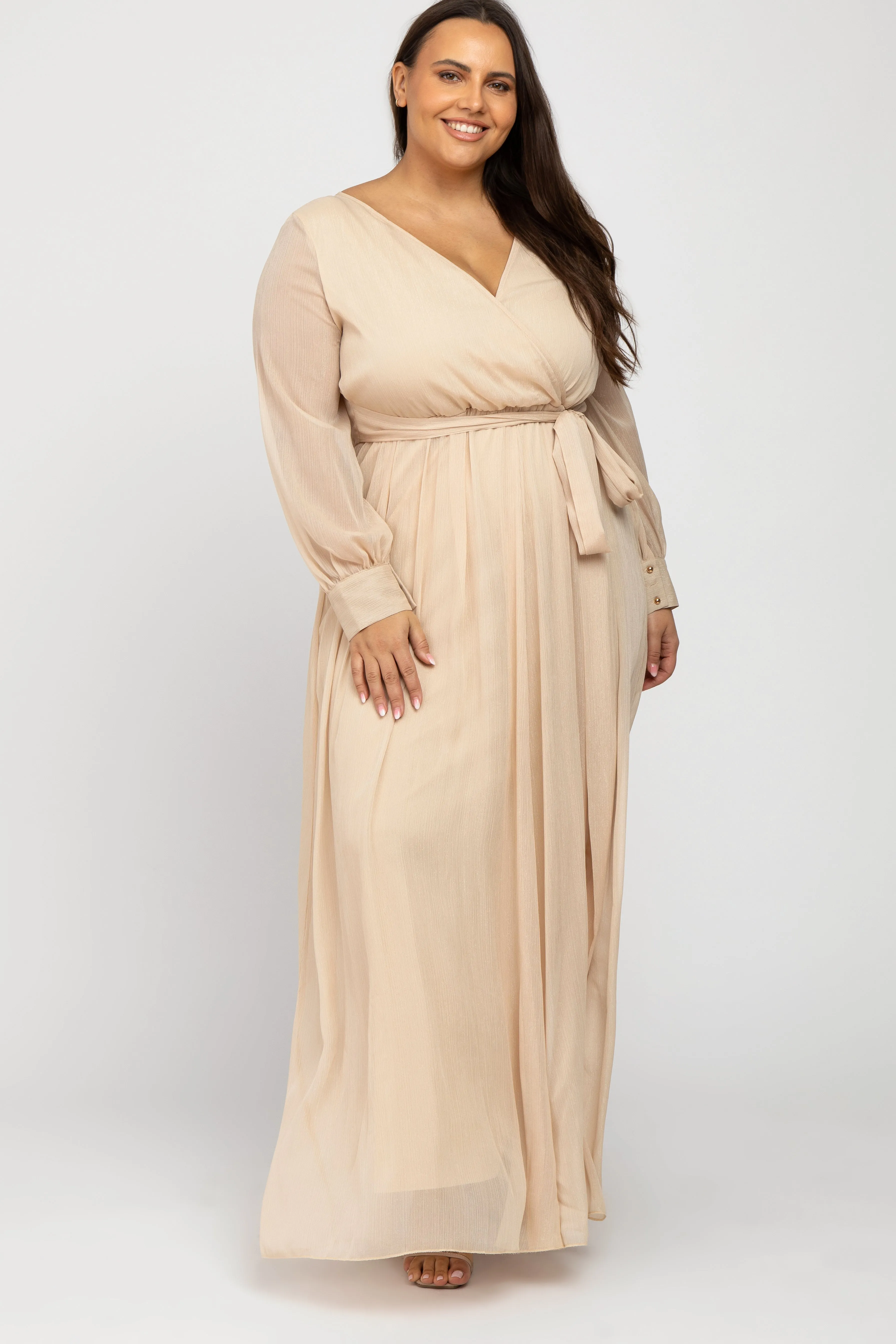 Cream Metallic Chiffon Maternity Plus Maxi Dress sold by Pinkblush product image thumbnail 4
