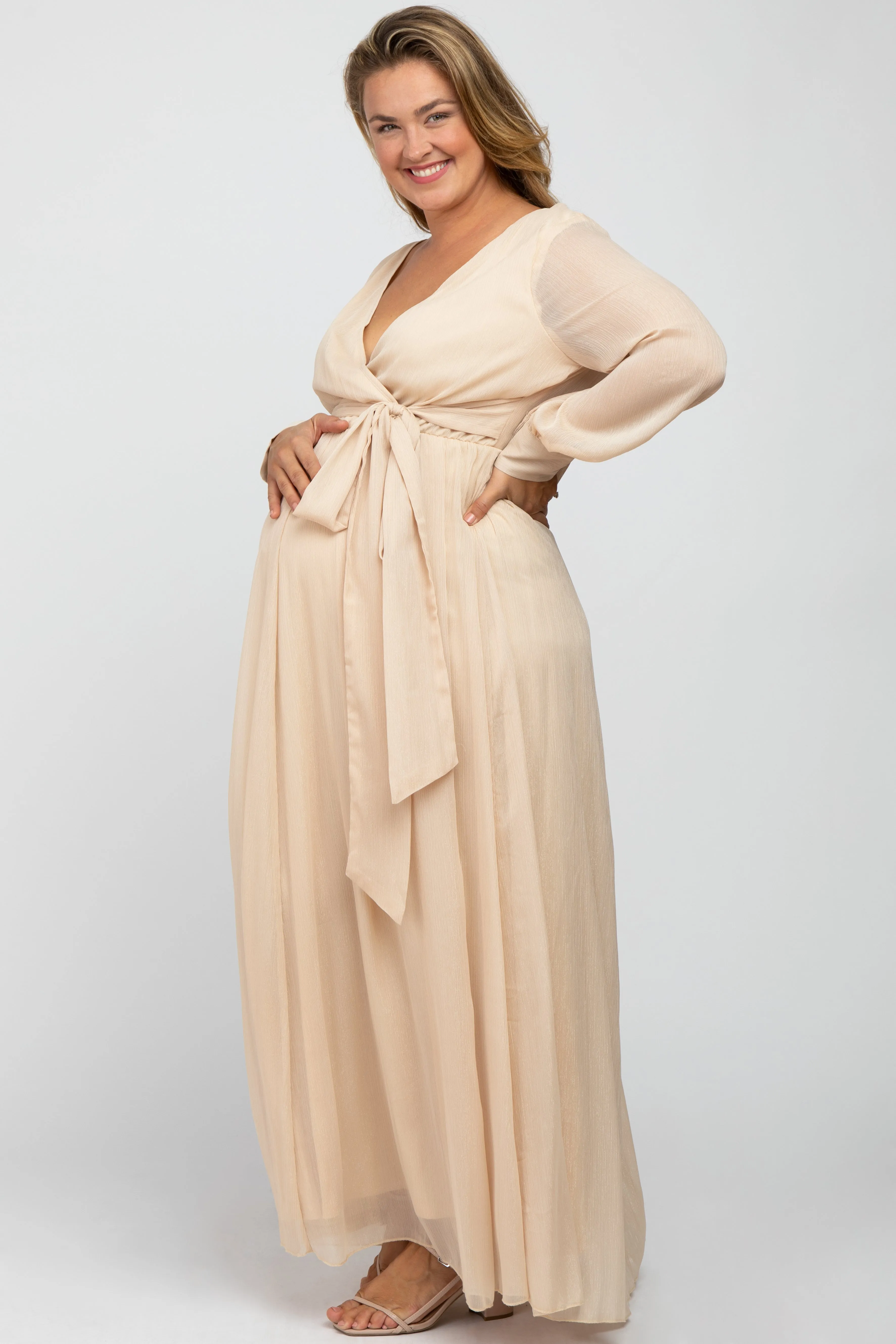 Cream Metallic Chiffon Maternity Plus Maxi Dress sold by Pinkblush product image thumbnail 2