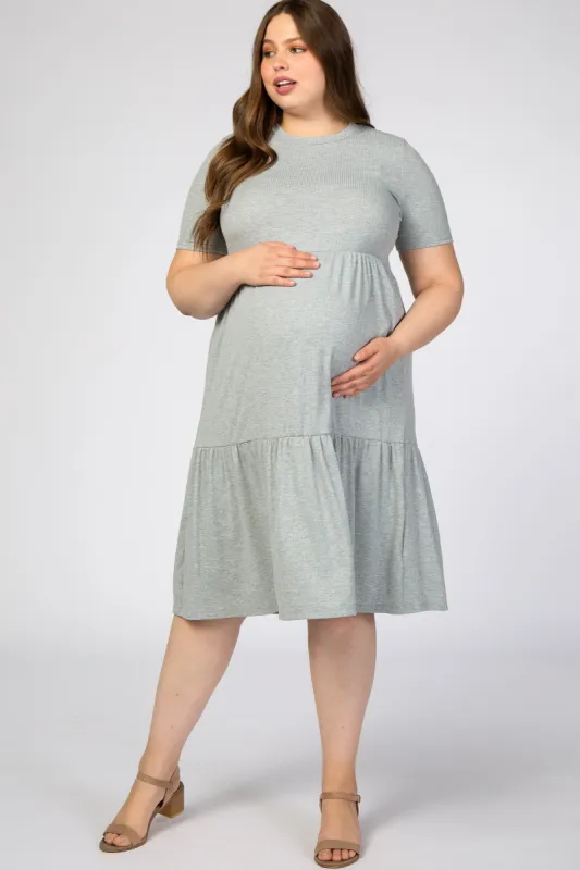 Heather Grey Ribbed Tiered Maternity Plus Dress sold by Pinkblush