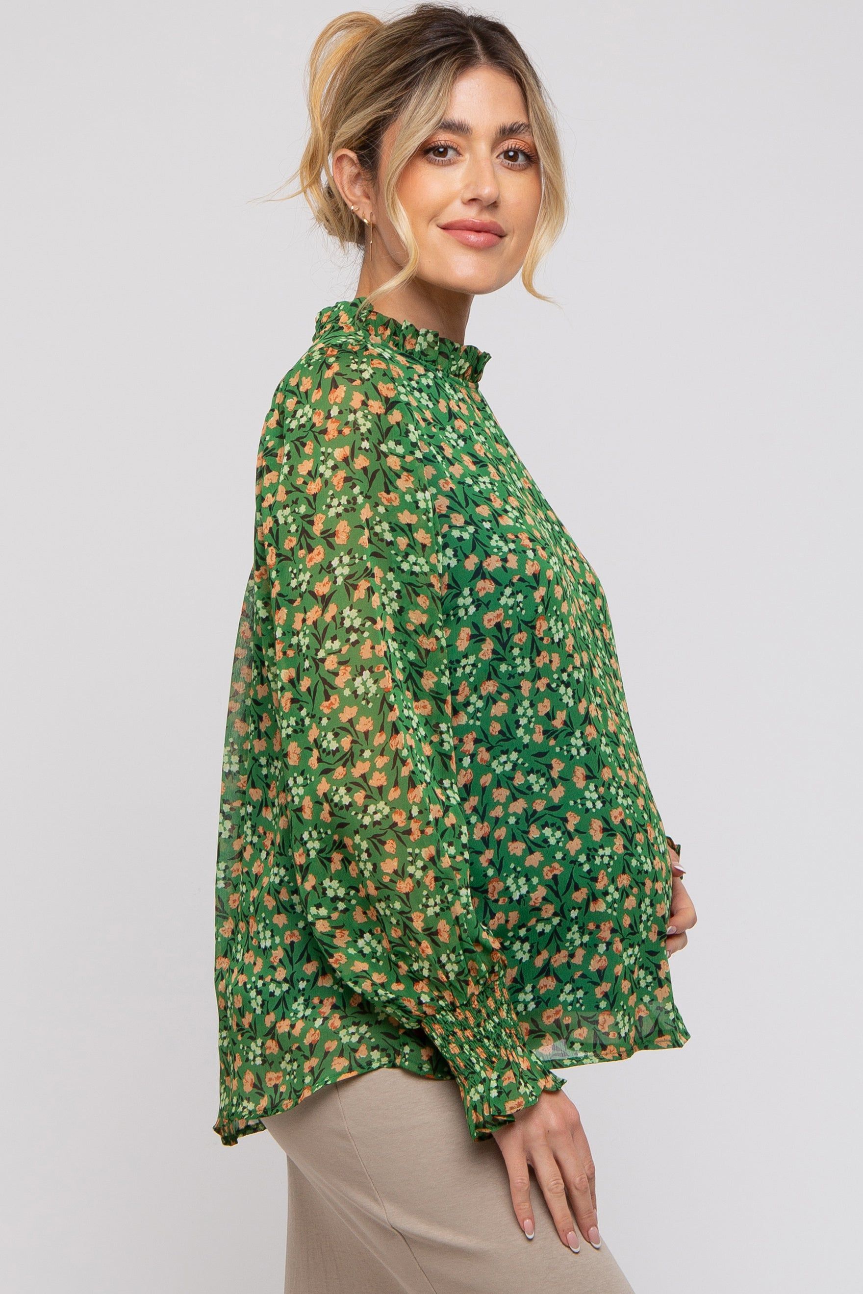 Green Floral Balloon Sleeve Maternity Blouse sold by Pinkblush product image thumbnail 2
