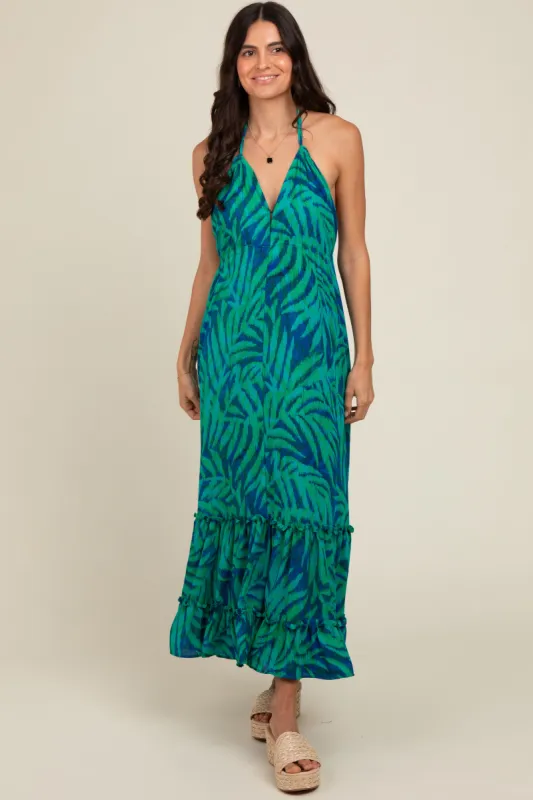 Green Leaf Print Halter Maternity Maxi Dress sold by Pinkblush