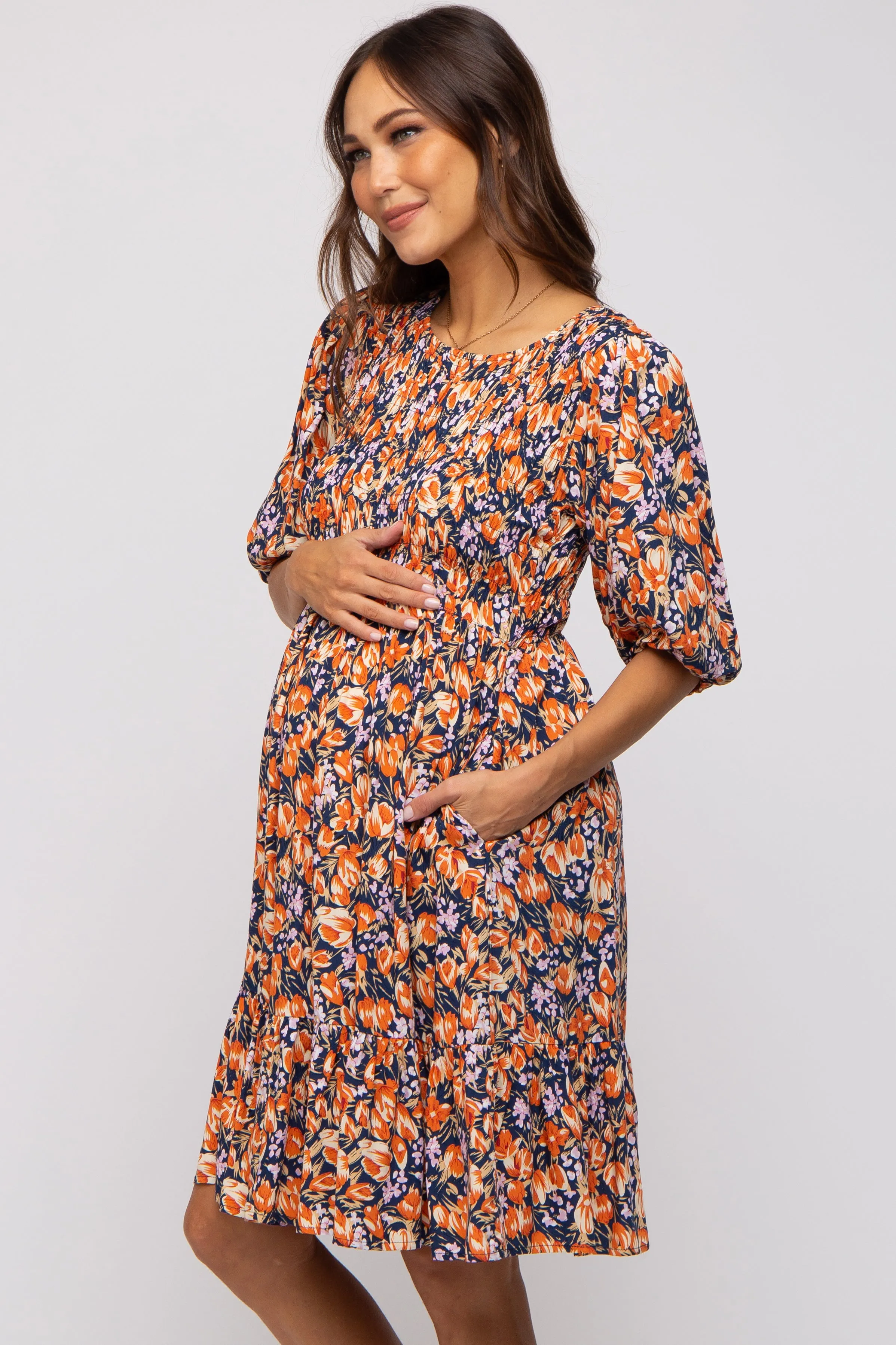 Navy Floral Smocked Puff Sleeve Maternity Dress sold by Pinkblush product image thumbnail 2