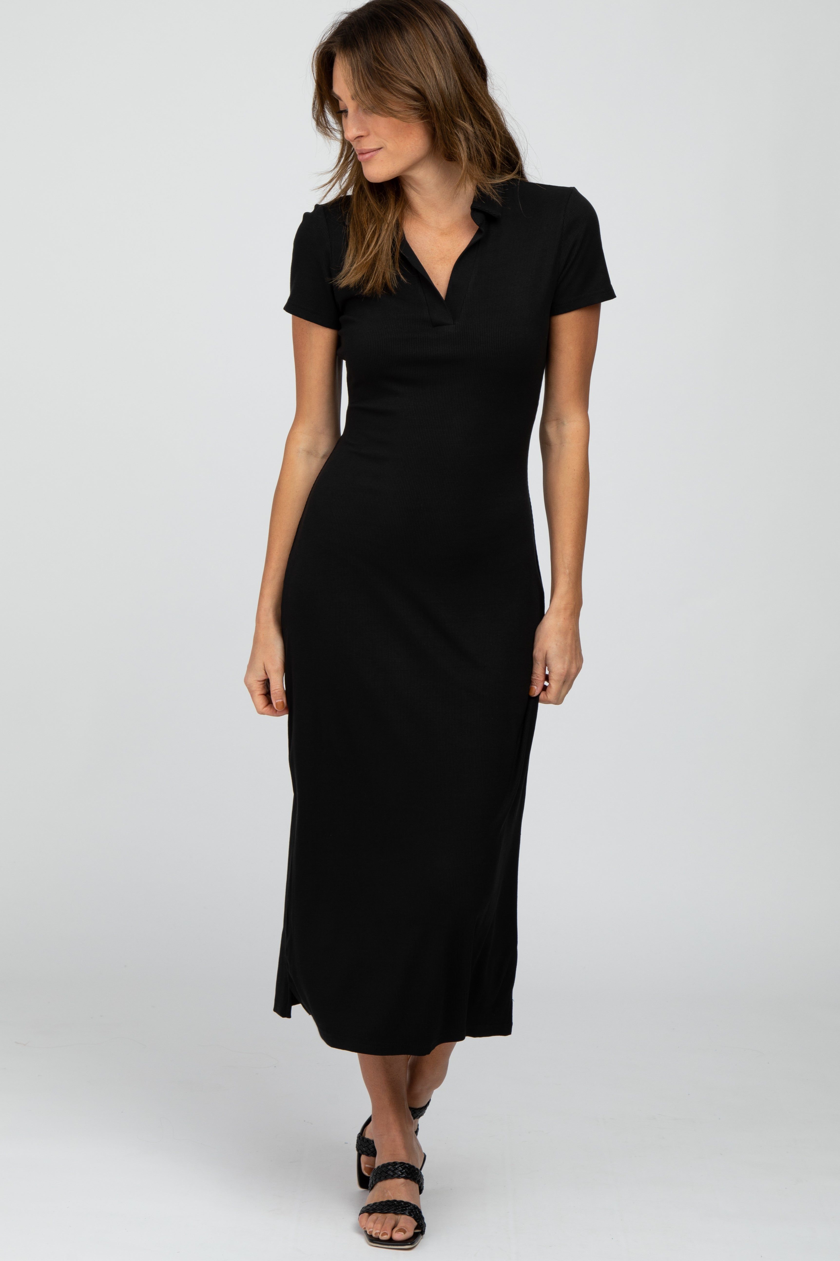 Black Ribbed Collared Fitted Midi Dress sold by Pinkblush product image thumbnail 2