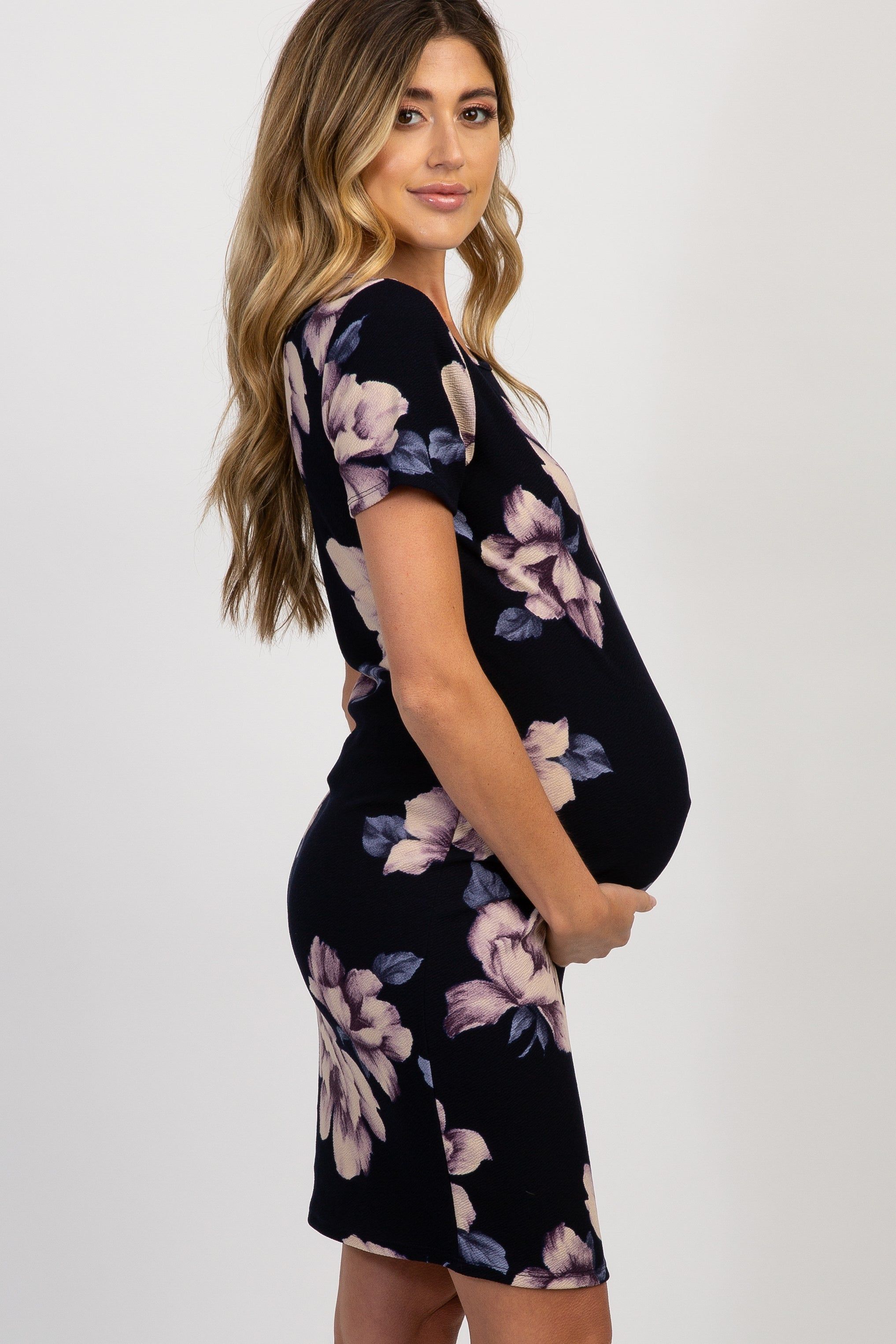 PinkBlush Navy Blue Watercolor Floral Fitted Maternity Dress sold by Pinkblush product image thumbnail 2