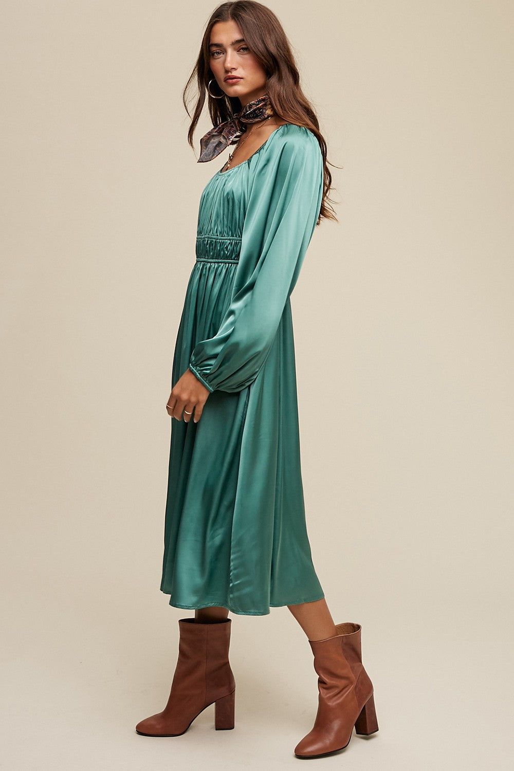 Green Empire Waist Long Sleeve Satin Midi Dress sold by Pinkblush product image thumbnail 2