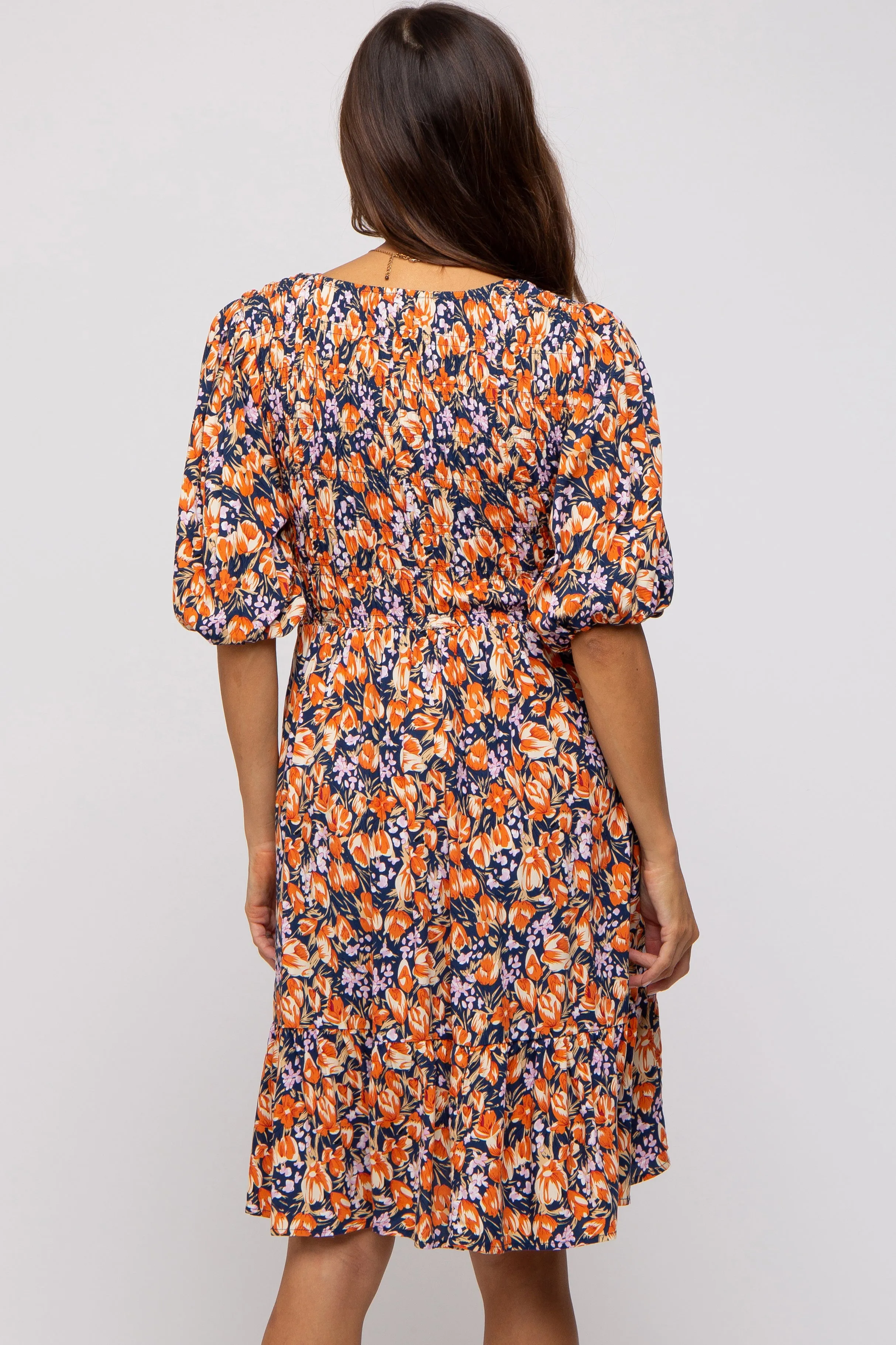 Navy Floral Smocked Puff Sleeve Maternity Dress sold by Pinkblush product image thumbnail 3