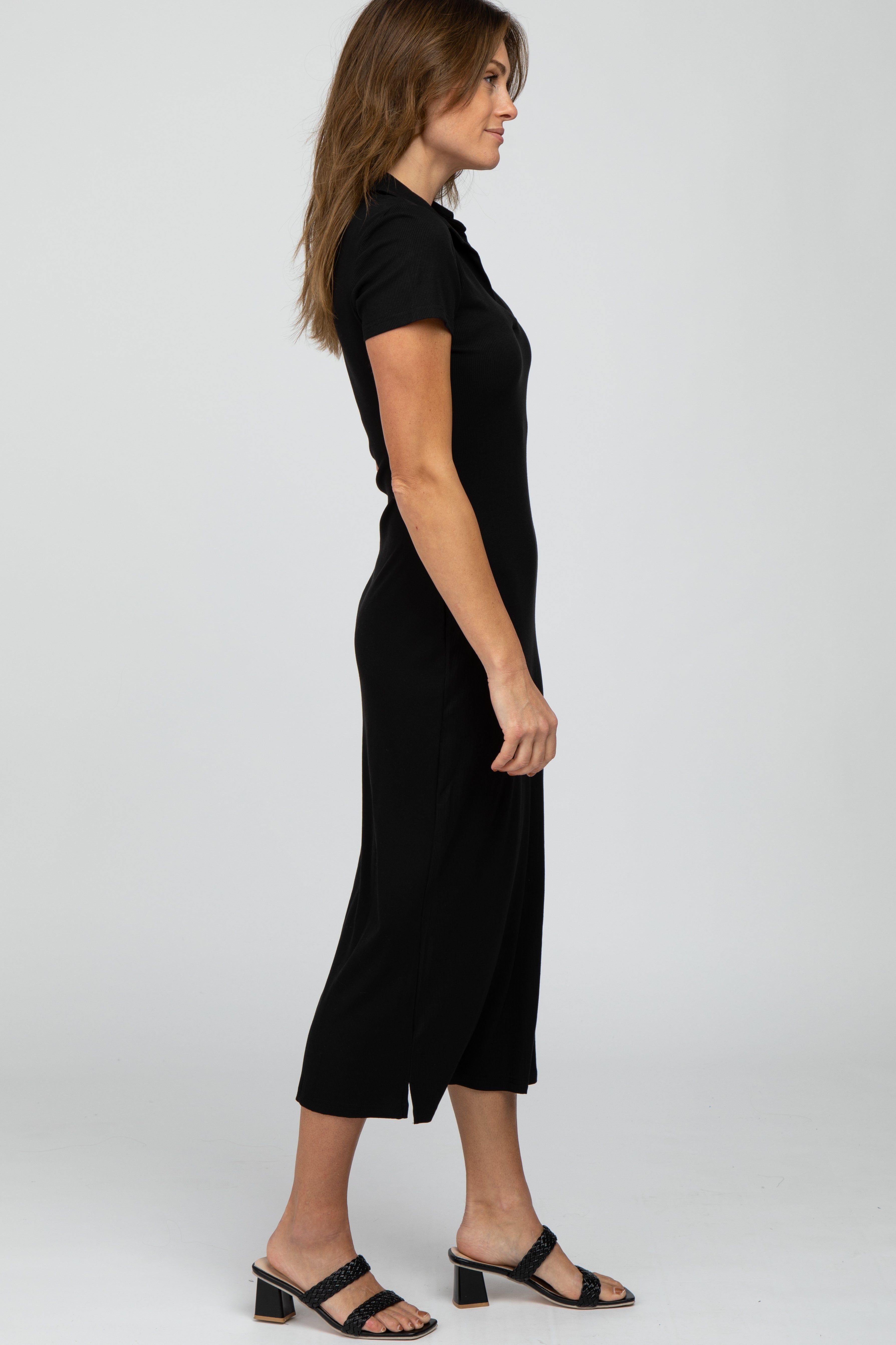 Black Ribbed Collared Fitted Midi Dress sold by Pinkblush product image thumbnail 3