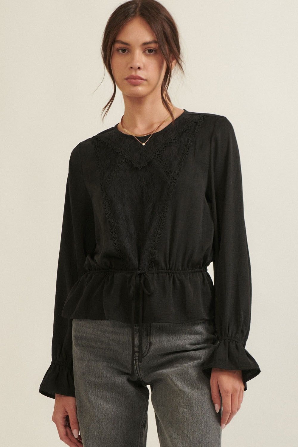Black Solid Floral Lace Long Sleeve Flared Hem Blouse sold by Pinkblush