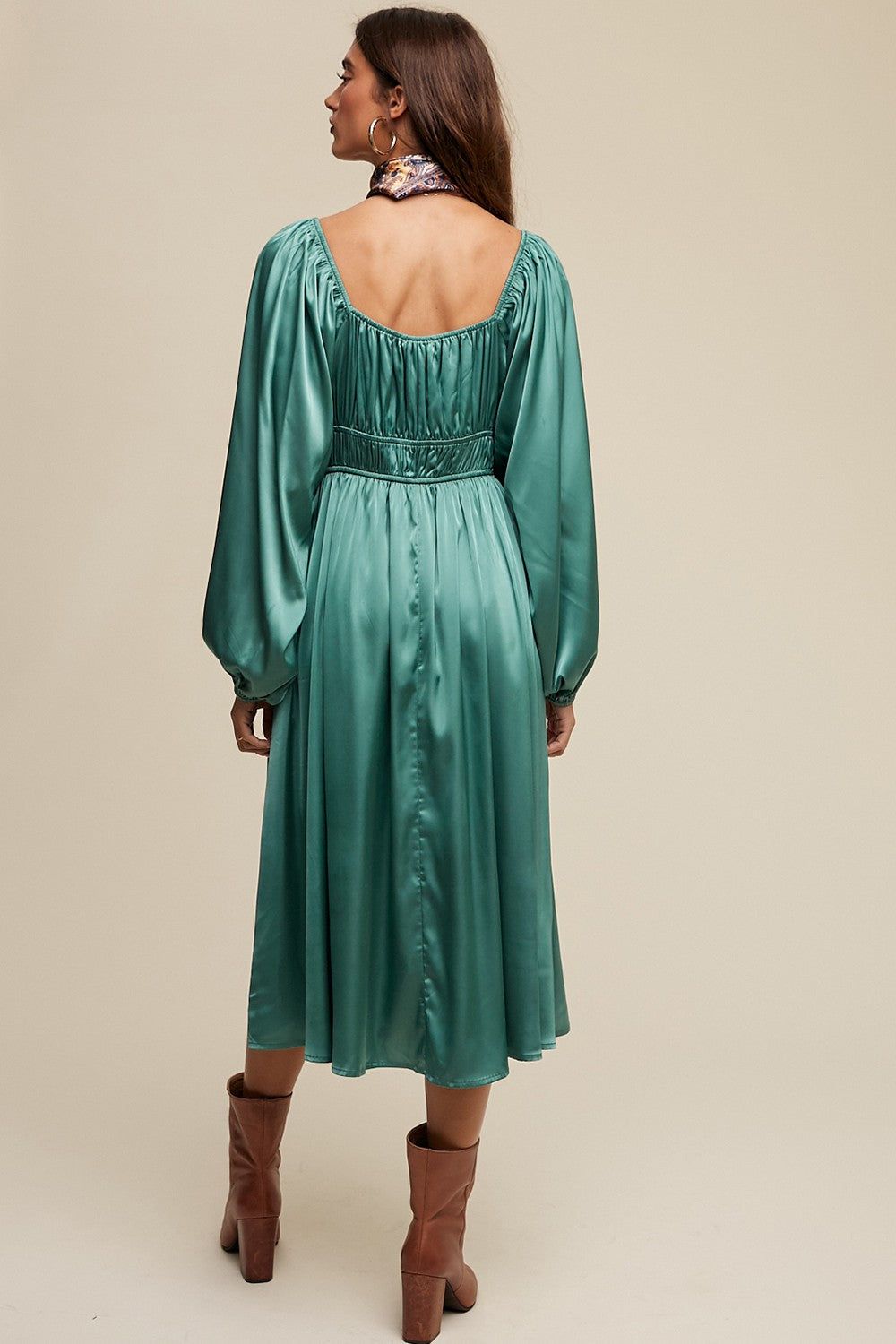 Green Empire Waist Long Sleeve Satin Midi Dress sold by Pinkblush product image thumbnail 3