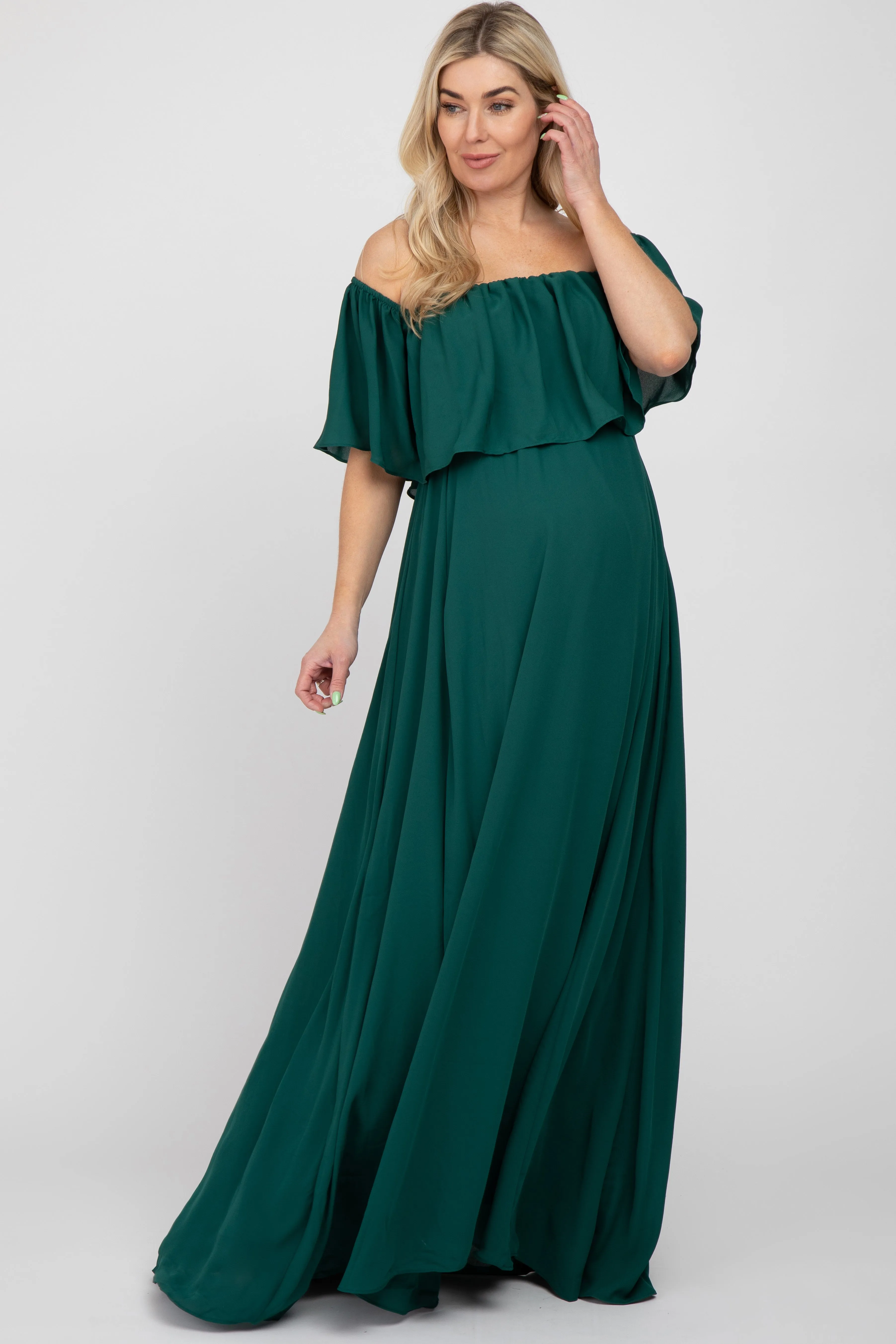 Forest Green Chiffon Off Shoulder Maternity Gown sold by Pinkblush