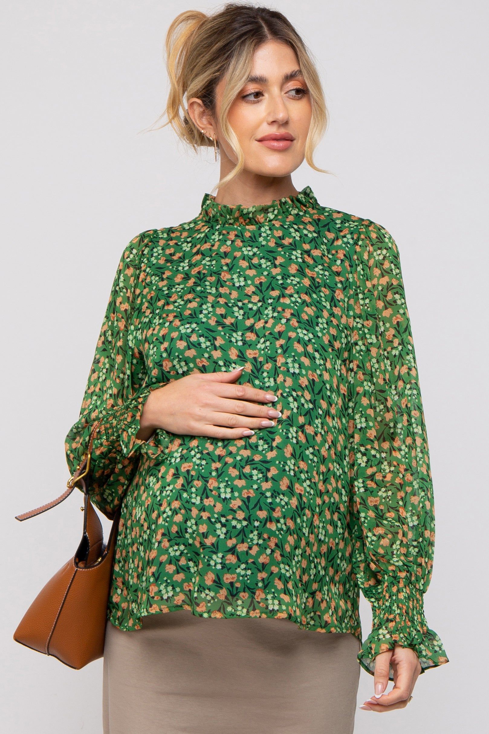 Green Floral Balloon Sleeve Maternity Blouse sold by Pinkblush