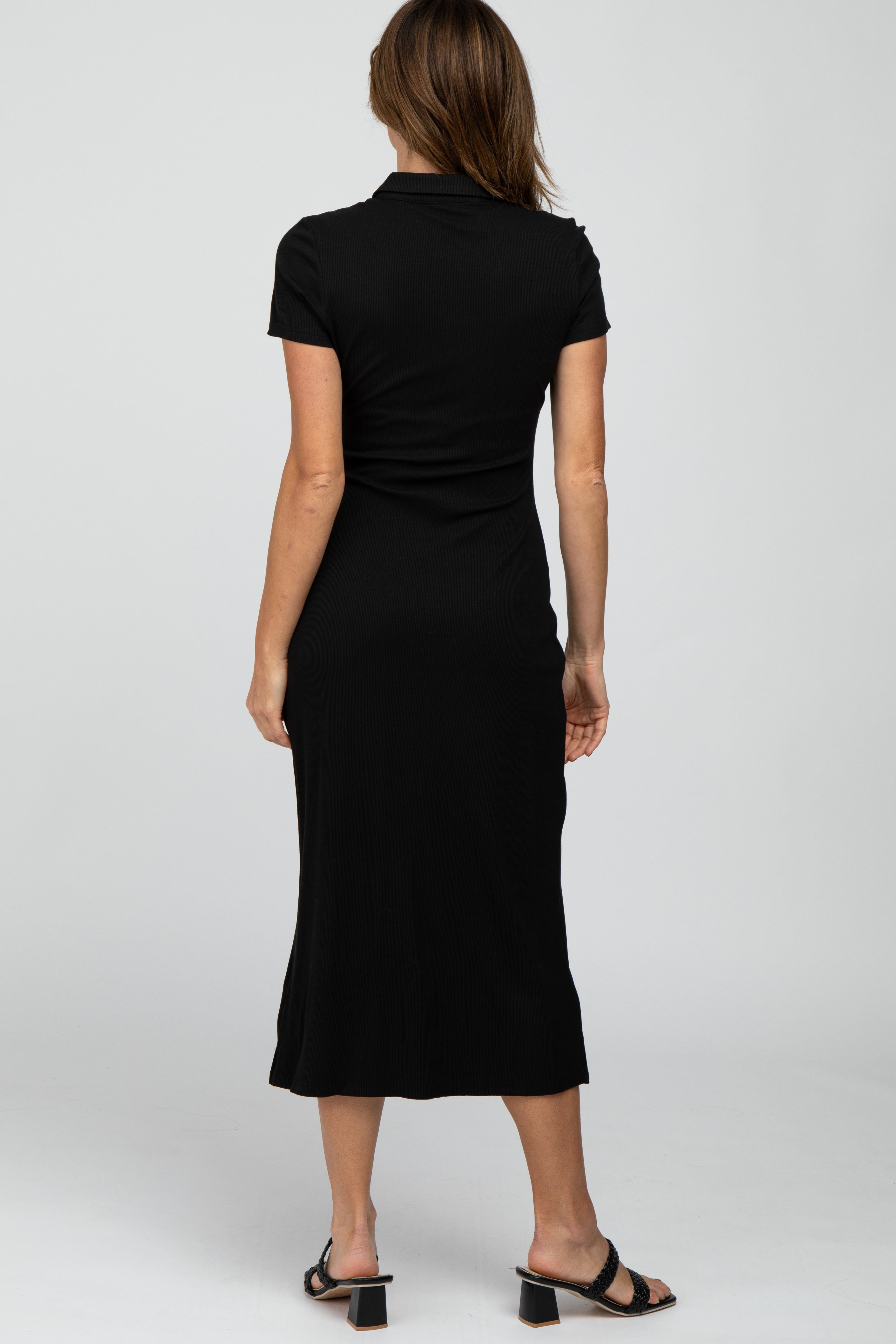 Black Ribbed Collared Fitted Midi Dress sold by Pinkblush product image thumbnail 4