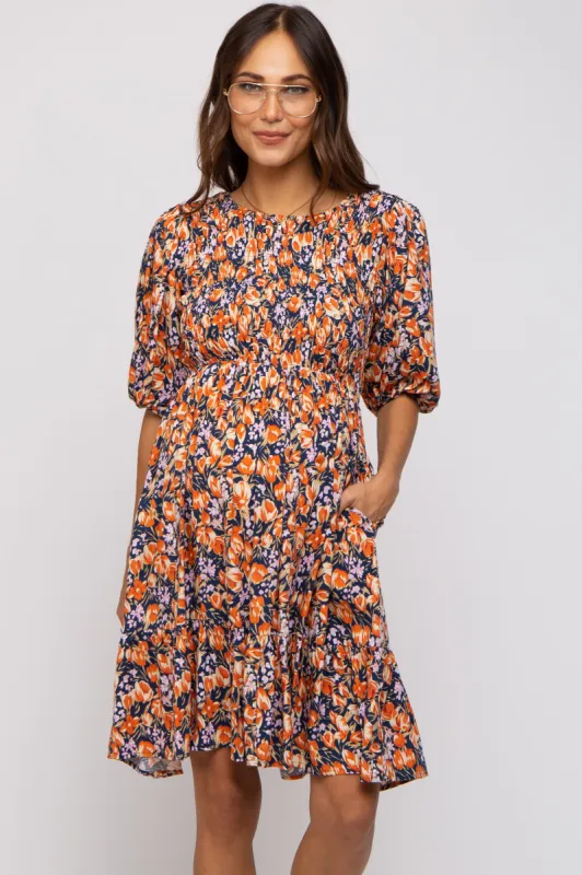 Navy Floral Smocked Puff Sleeve Maternity Dress sold by Pinkblush