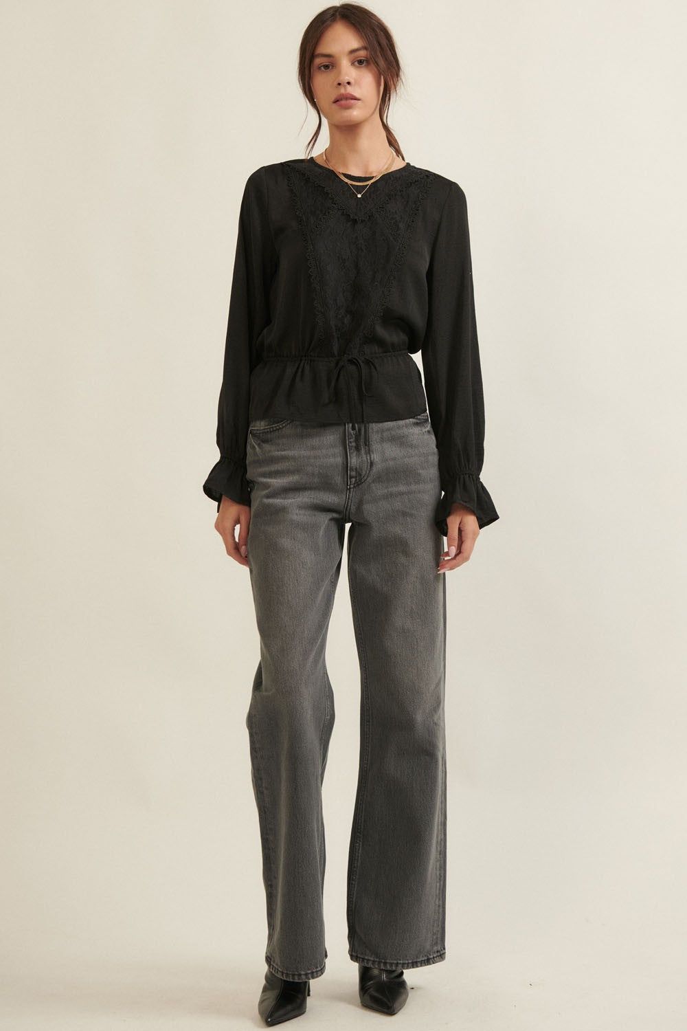 Black Solid Floral Lace Long Sleeve Flared Hem Blouse sold by Pinkblush product image thumbnail 4