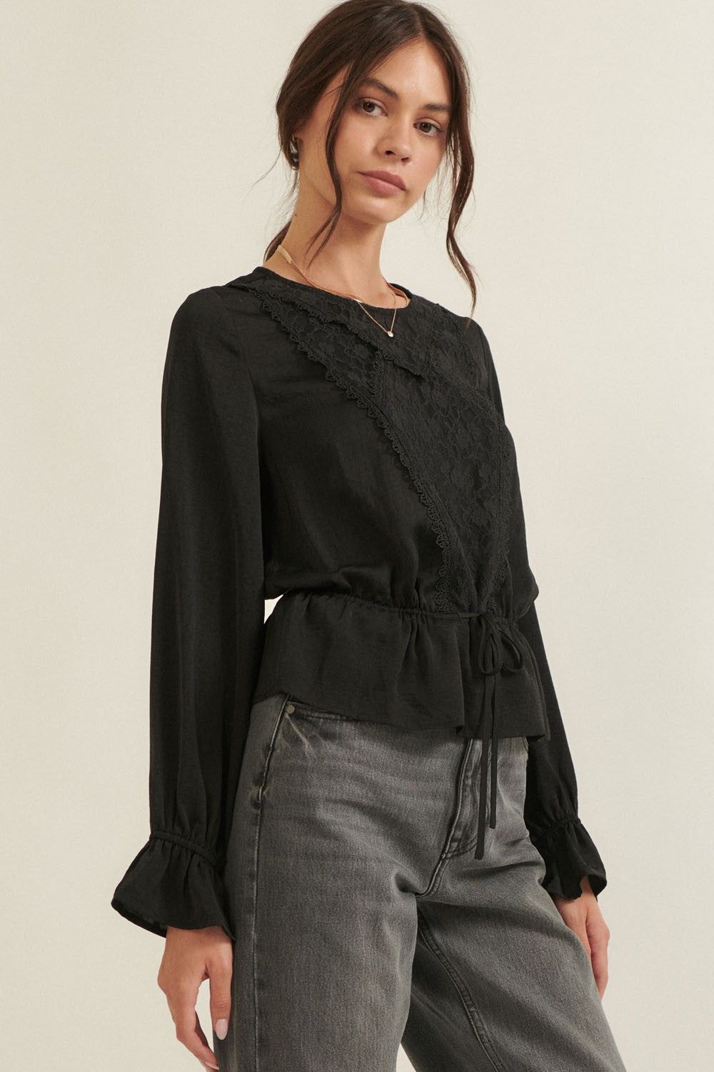 Black Solid Floral Lace Long Sleeve Flared Hem Blouse sold by Pinkblush product image thumbnail 2