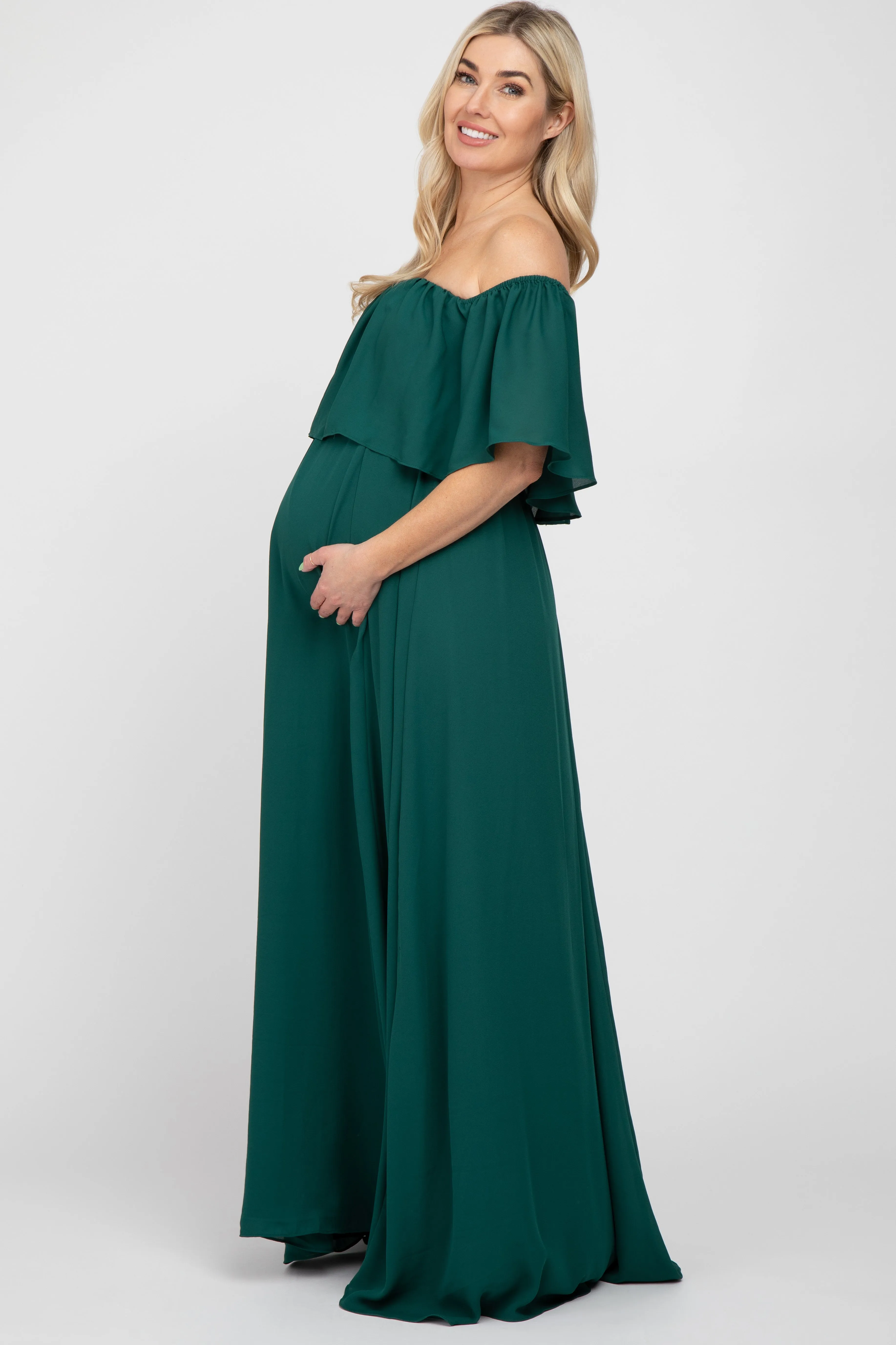 Forest Green Chiffon Off Shoulder Maternity Gown sold by Pinkblush product image thumbnail 2