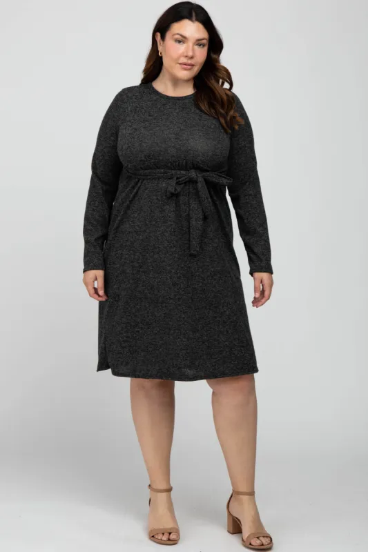 Black Brushed Heathered Long Sleeve Plus Dress sold by Pinkblush