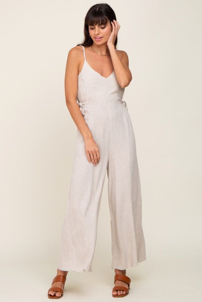 Beige Linen Criss Cross Back Side Tie Wide Leg Jumpsuit sold by Pinkblush product image thumbnail 4
