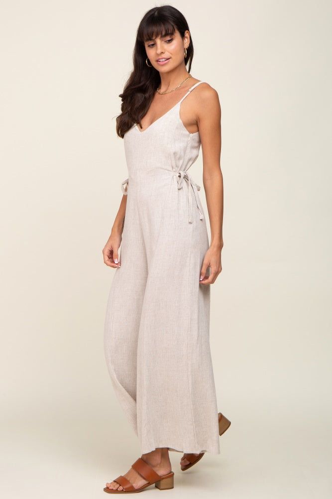 Beige Linen Criss Cross Back Side Tie Wide Leg Jumpsuit sold by Pinkblush