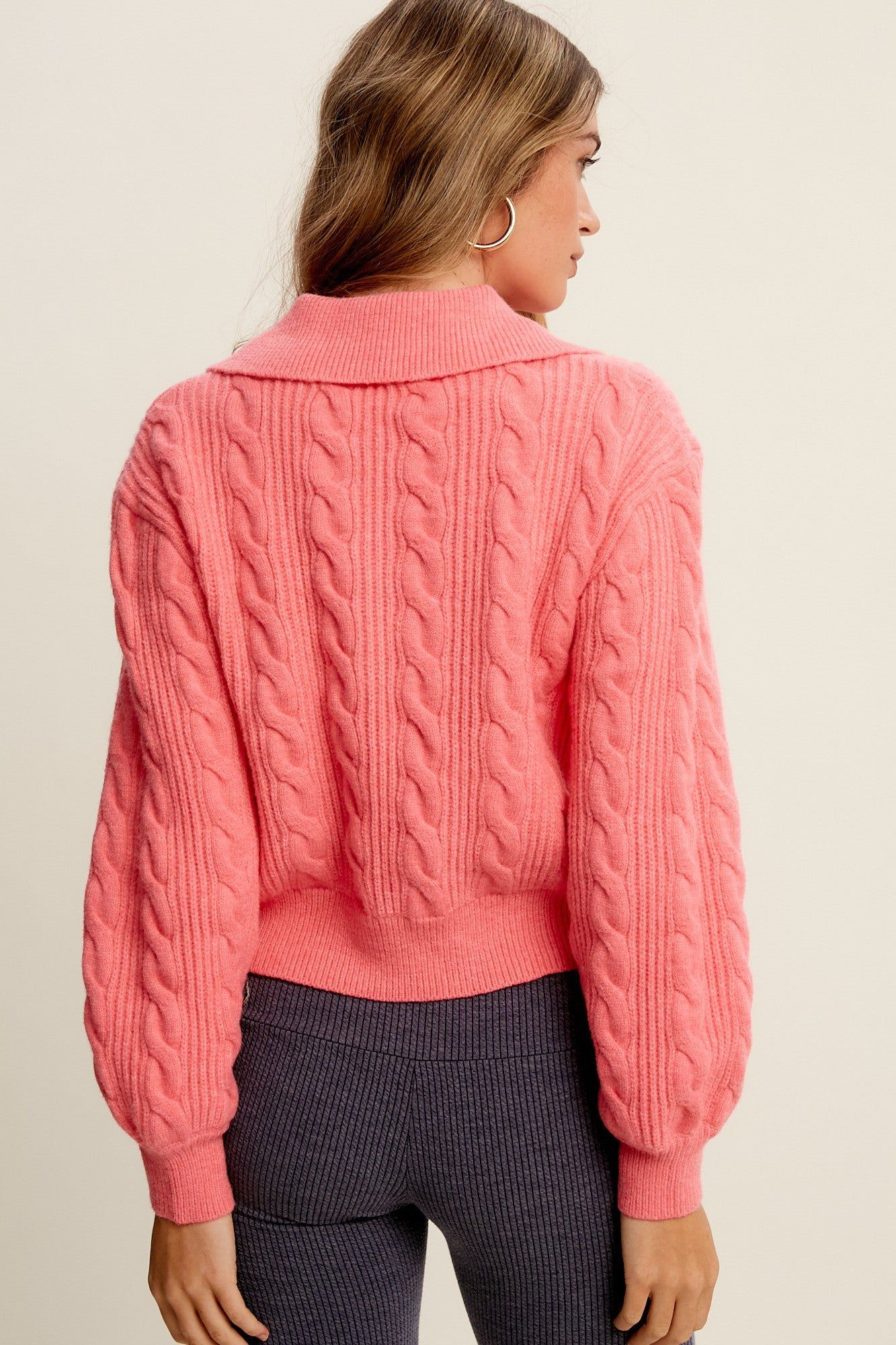 Bright Pink Cable Knit Polo Style Pullover Knit Sweater sold by Pinkblush product image thumbnail 3