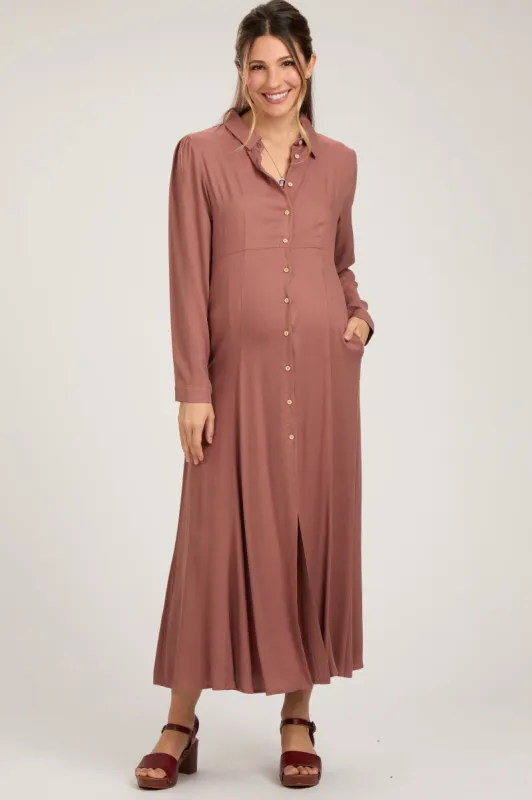 Rust Collared Button Down Long Sleeve Maternity Maxi Dress sold by Pinkblush