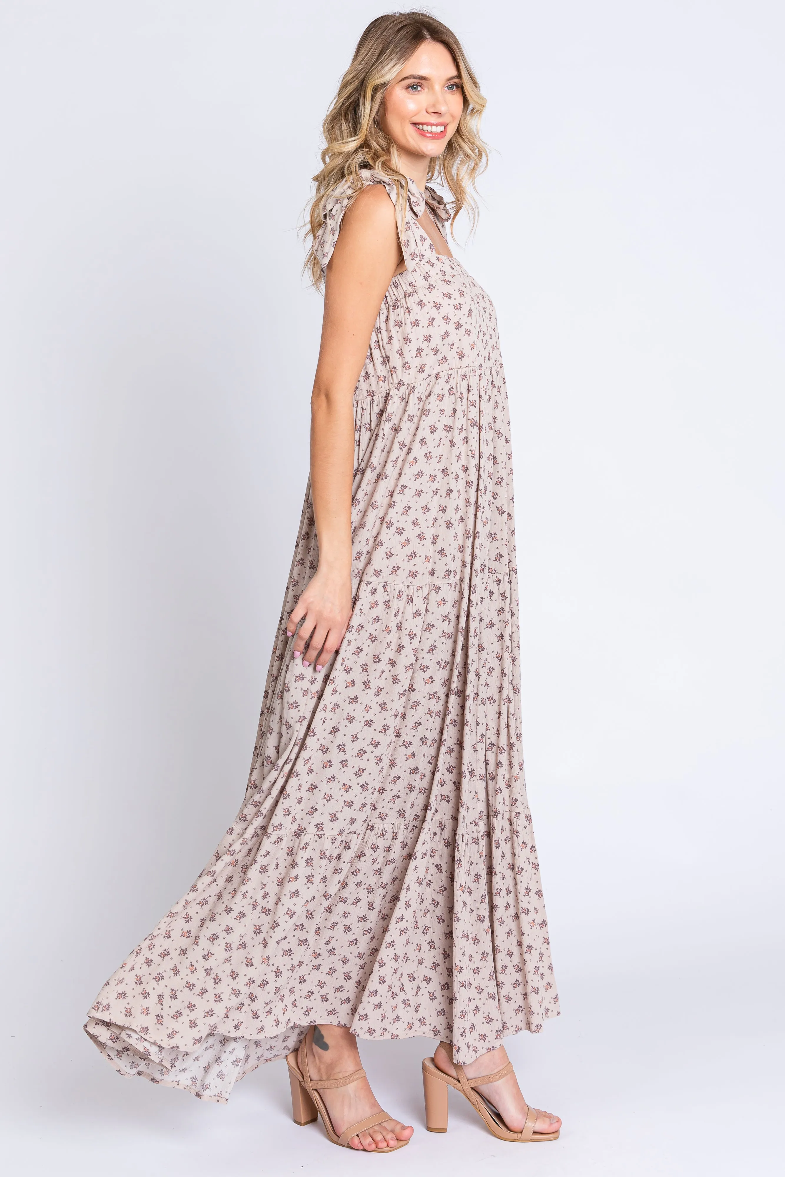 Taupe Floral Shoulder Tie Maxi Dress sold by Pinkblush product image thumbnail 2