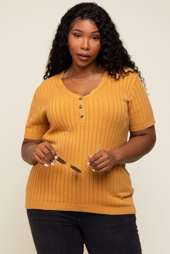 Camel Ribbed Knit Button Plus Top sold by Pinkblush