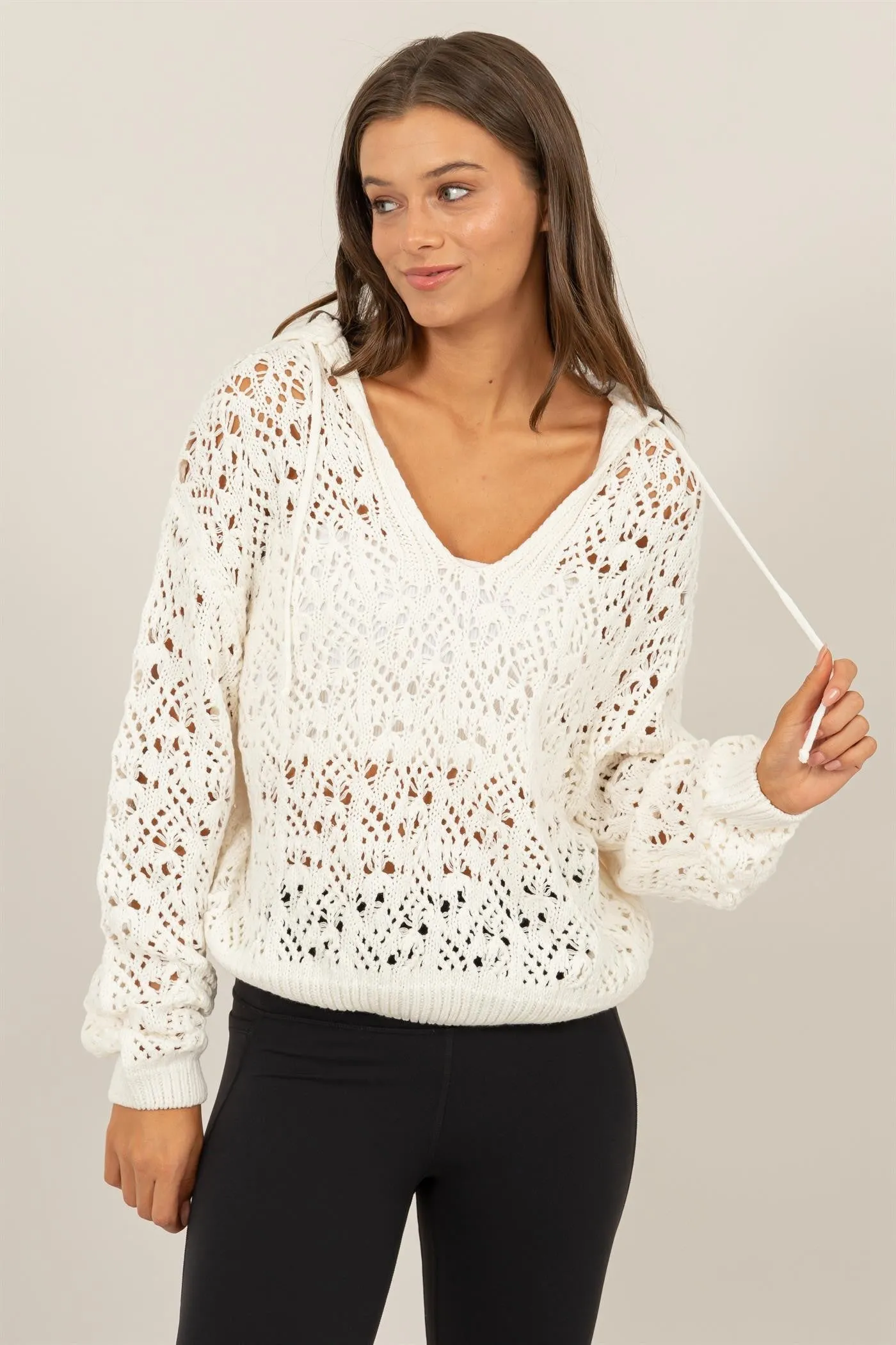 Cream Open-Stitch Hoodie Crochet Sweater sold by Pinkblush